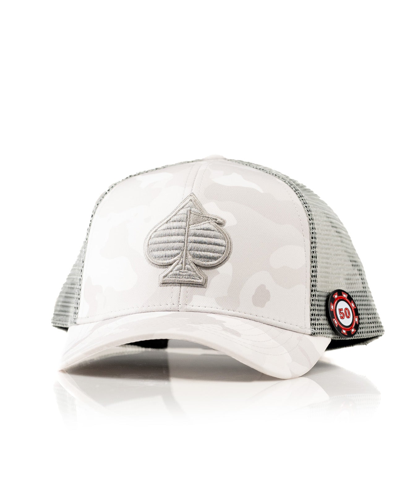 Trucker hat in Arctic Camo featuring a gray spade logo and a breathable mesh back for stylish golf outings.