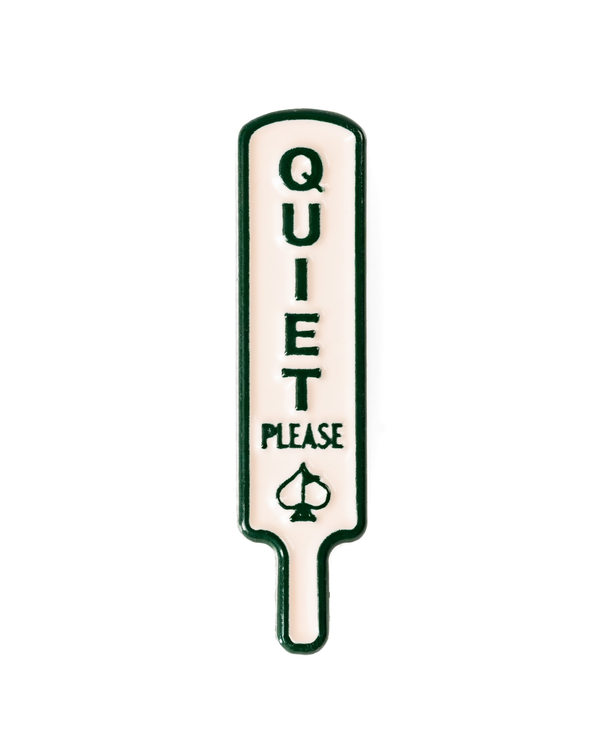 Quiet Please ball marker featuring a green and white design, ideal for golfers seeking to minimize distractions on the course.