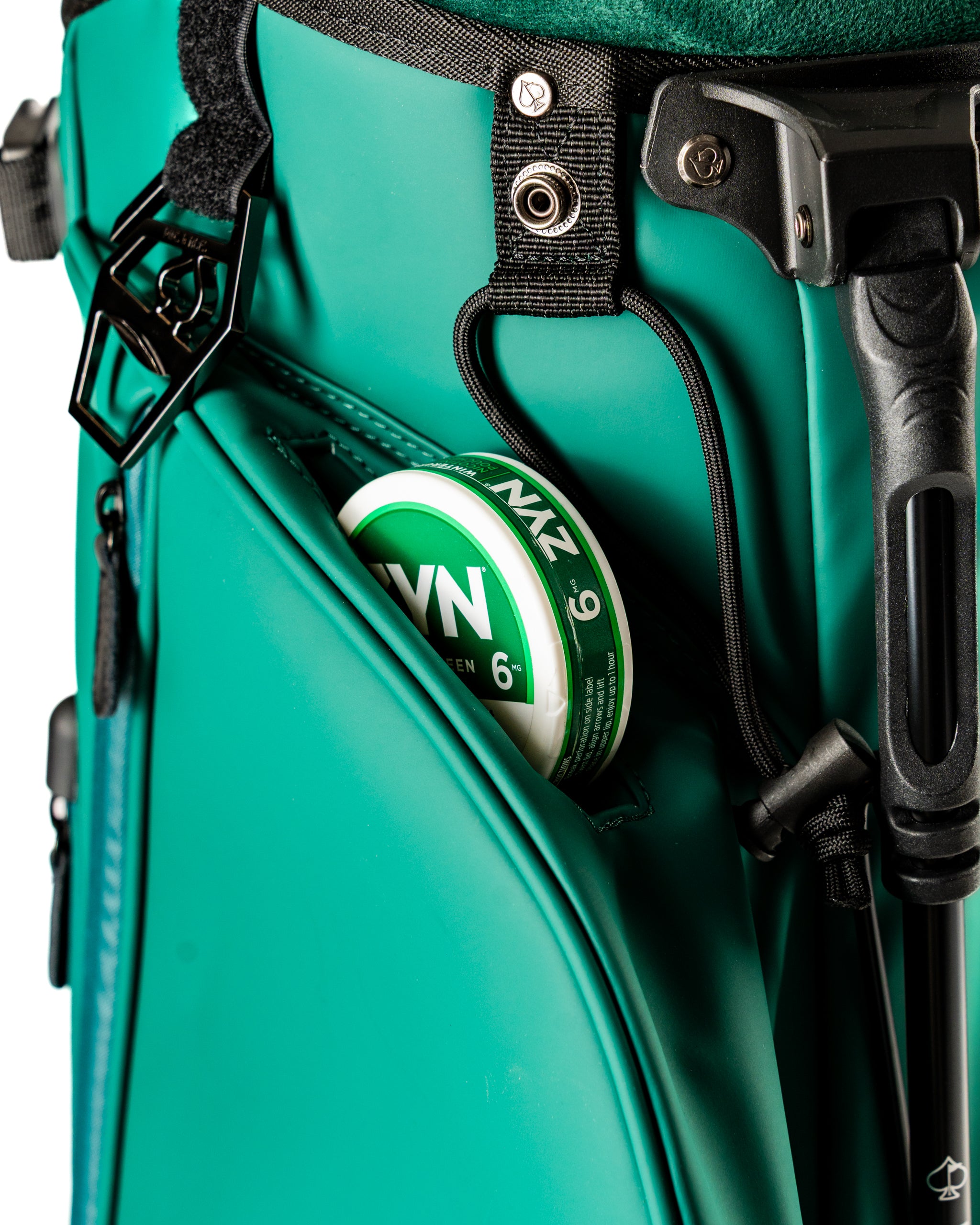 Close-up of the Player Preferred Golf Bag featuring a side pocket with a can of golf tees, showcasing its practical design.