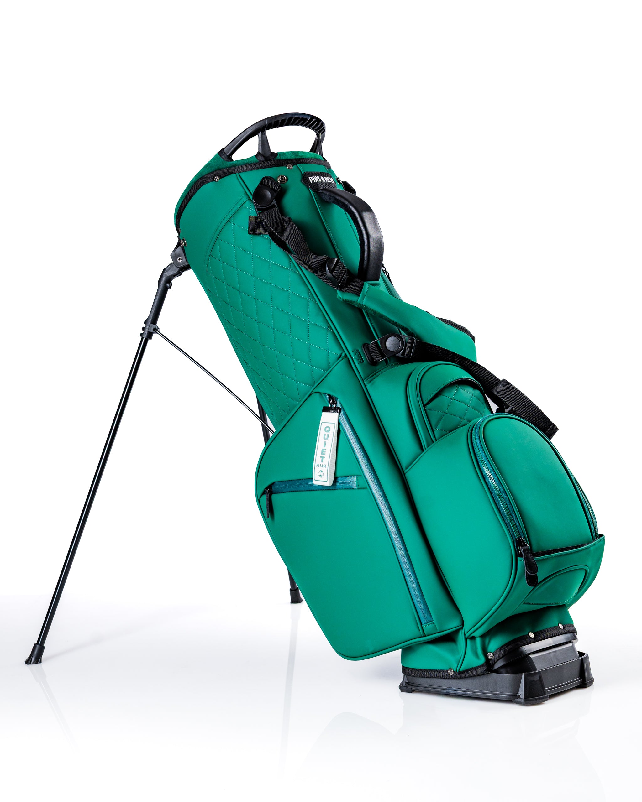 Player Preferred Golf Bag in vibrant green with a sleek design, featuring a stand and multiple pockets for golf accessories.