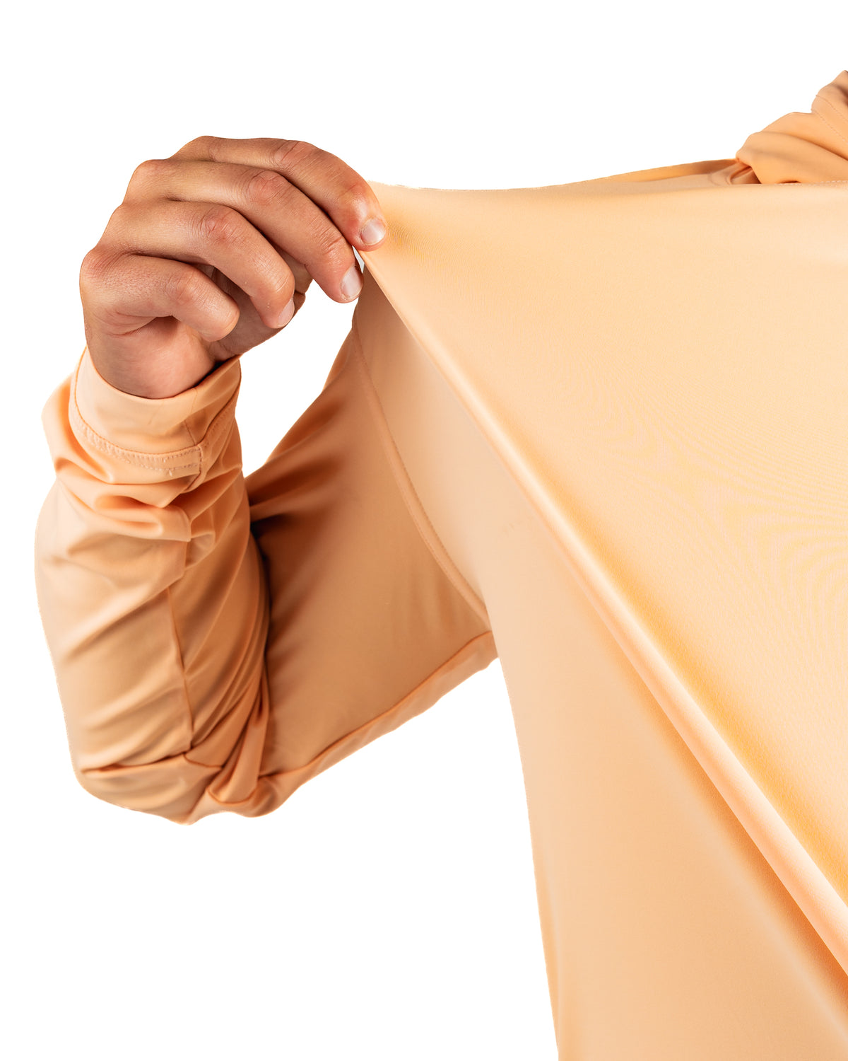 Performance Golf Hoodie in Autumn Leaves color, showcasing a close-up of the fabric being stretched for flexibility.