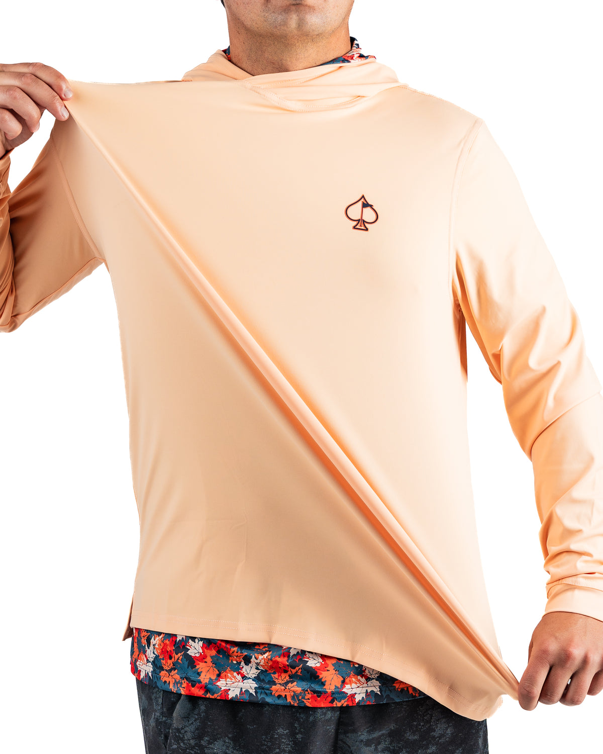 Men's performance golf hoodie in autumn leaves color, featuring a spade logo, designed for comfort on the course.