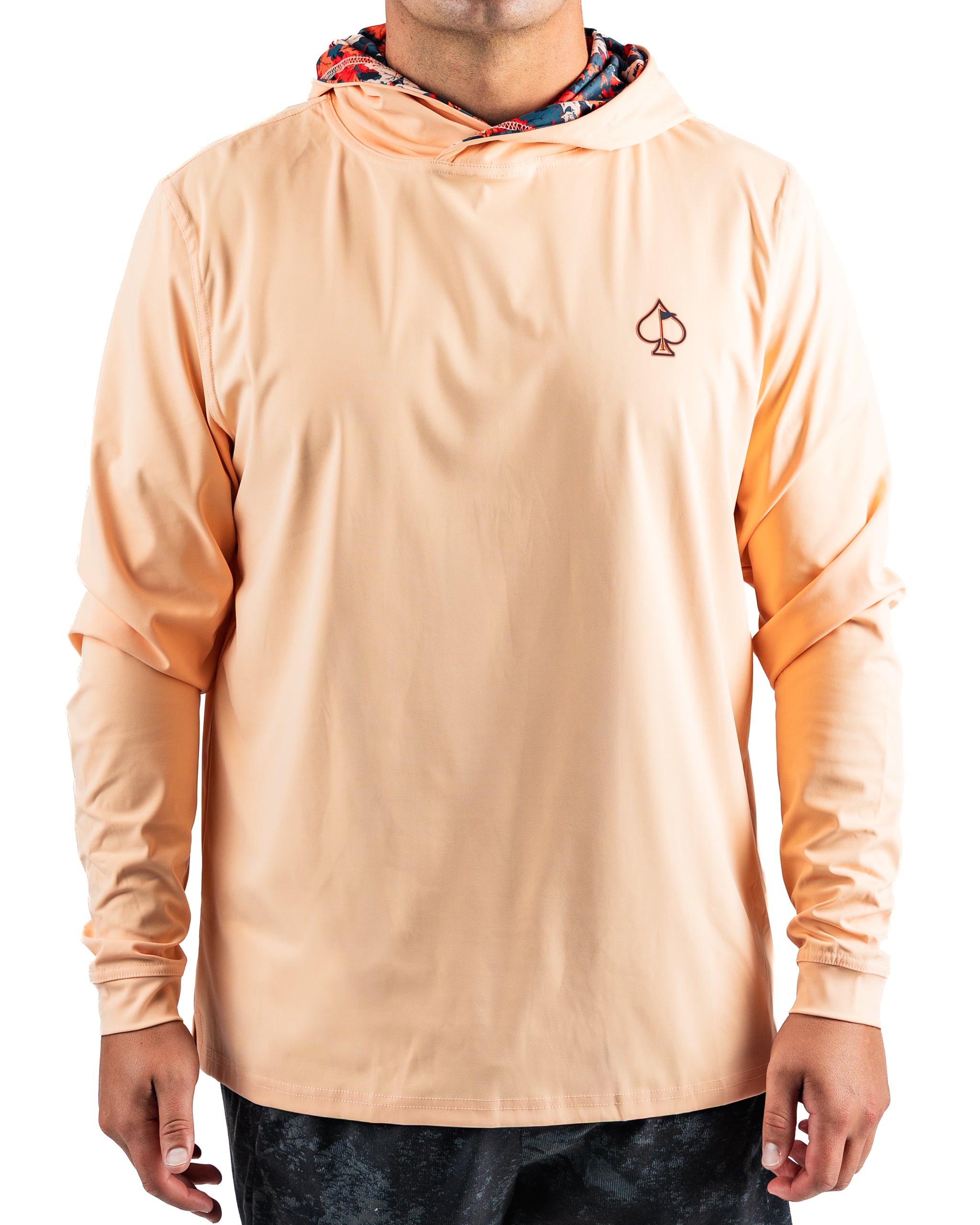 Lightweight performance golf hoodie in autumn leaves color, featuring a stylish hood and spade logo on the chest.