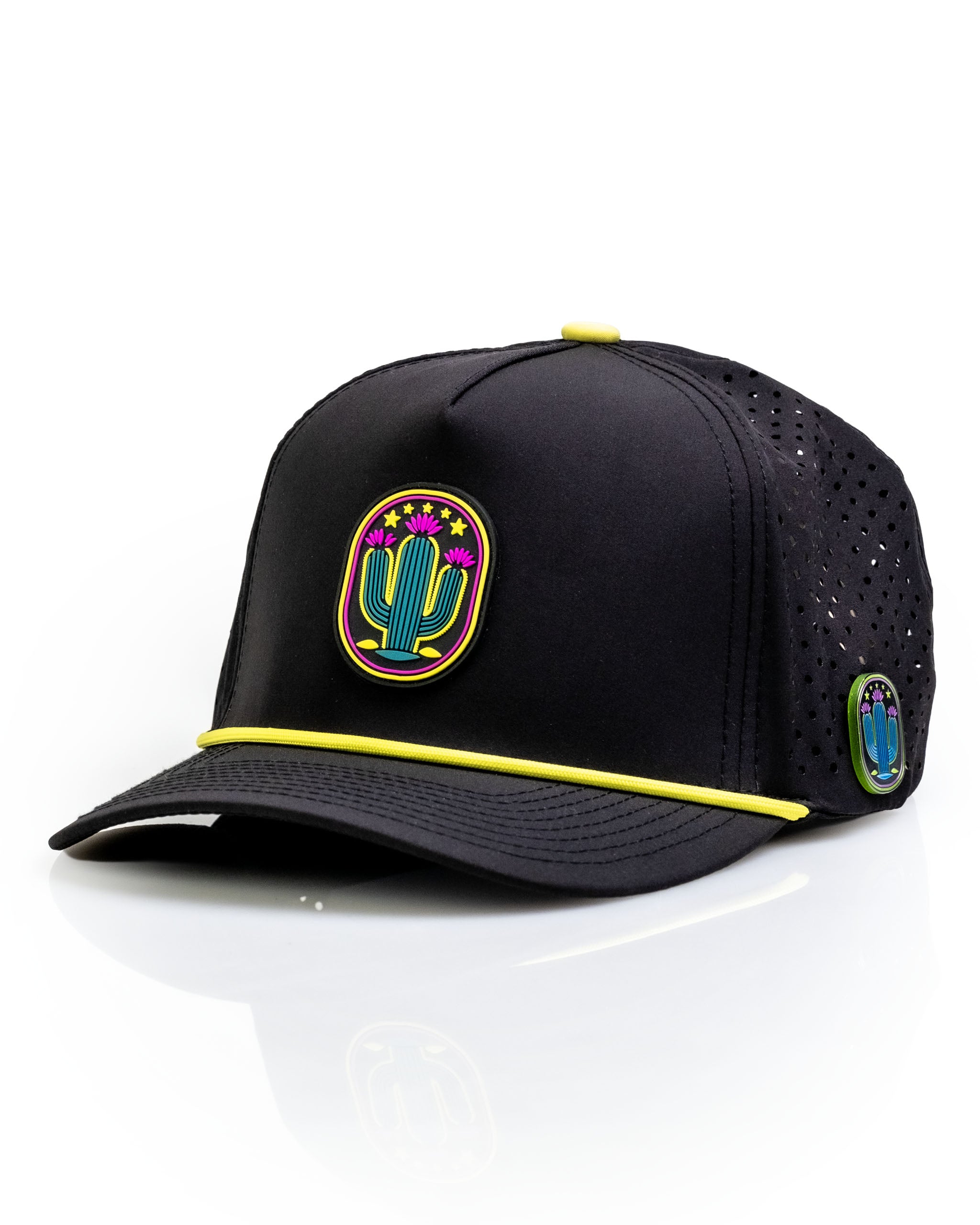 Black perforated rope hat featuring a colorful cactus emblem and vibrant yellow accents, perfect for stylish golfers.