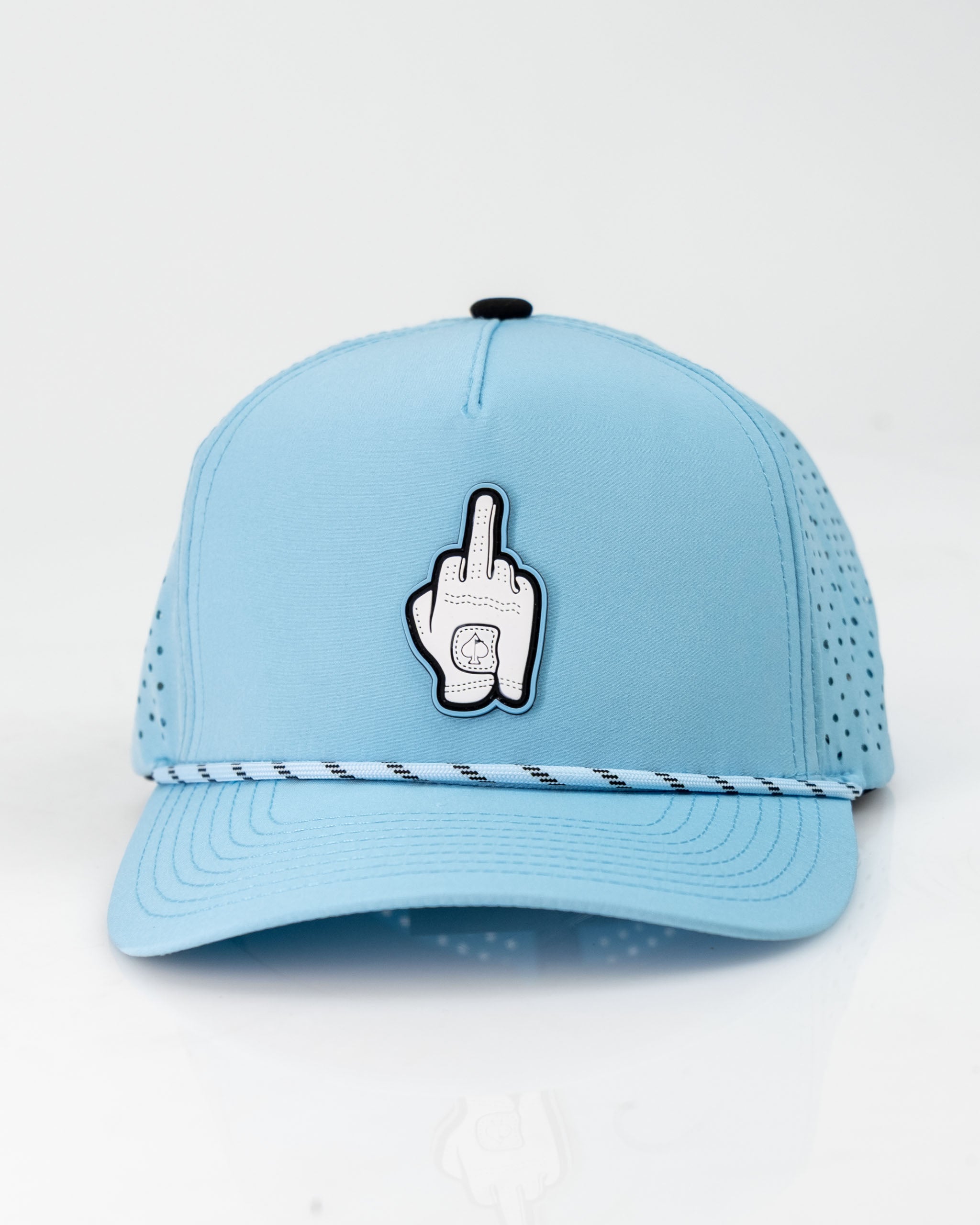 Baby blue perforated rope hat featuring a bold middle finger graphic on the front for a standout golf accessory.