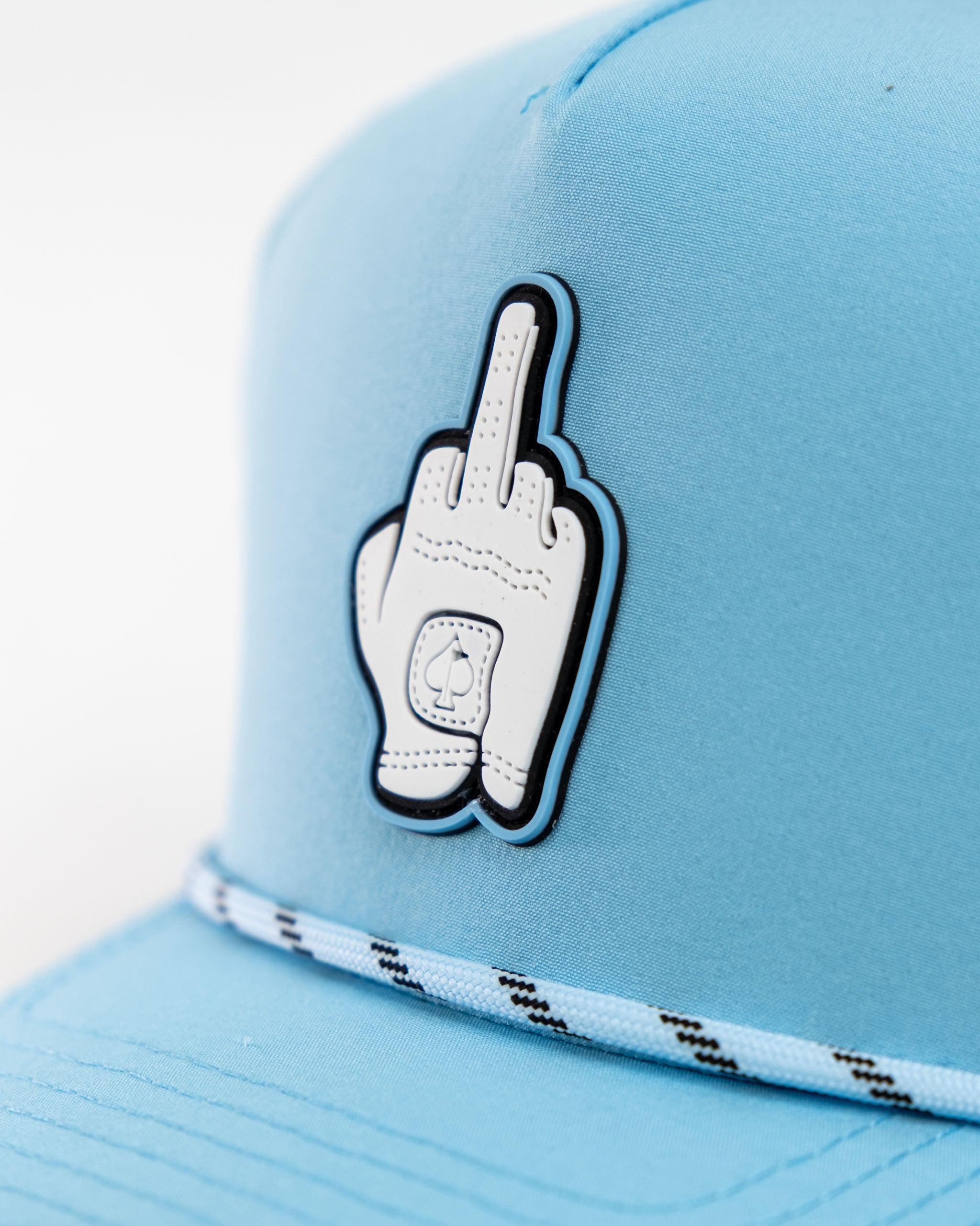 Middle Finger Baby Blue perforated rope hat featuring a bold middle finger graphic and stylish design for golfers.