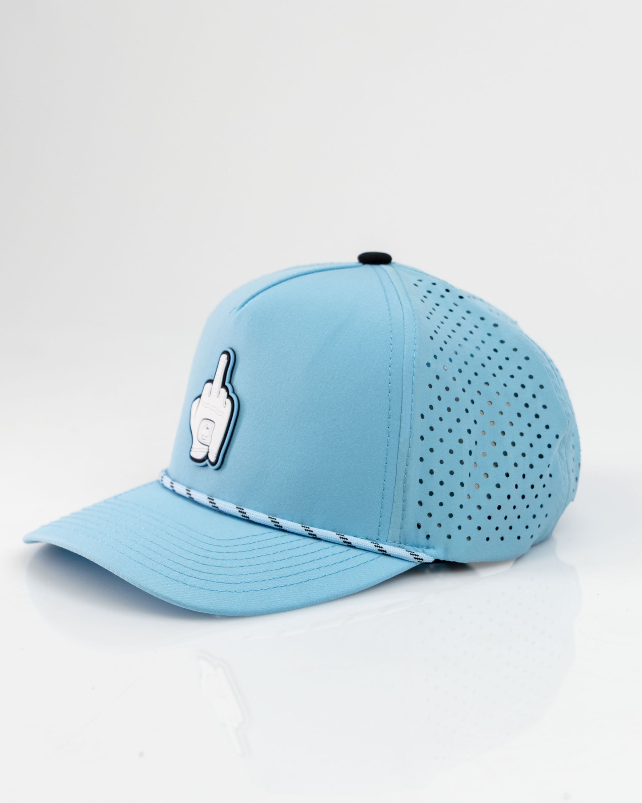 Baby blue perforated rope hat featuring a playful middle finger graphic on the front, perfect for bold golfers.