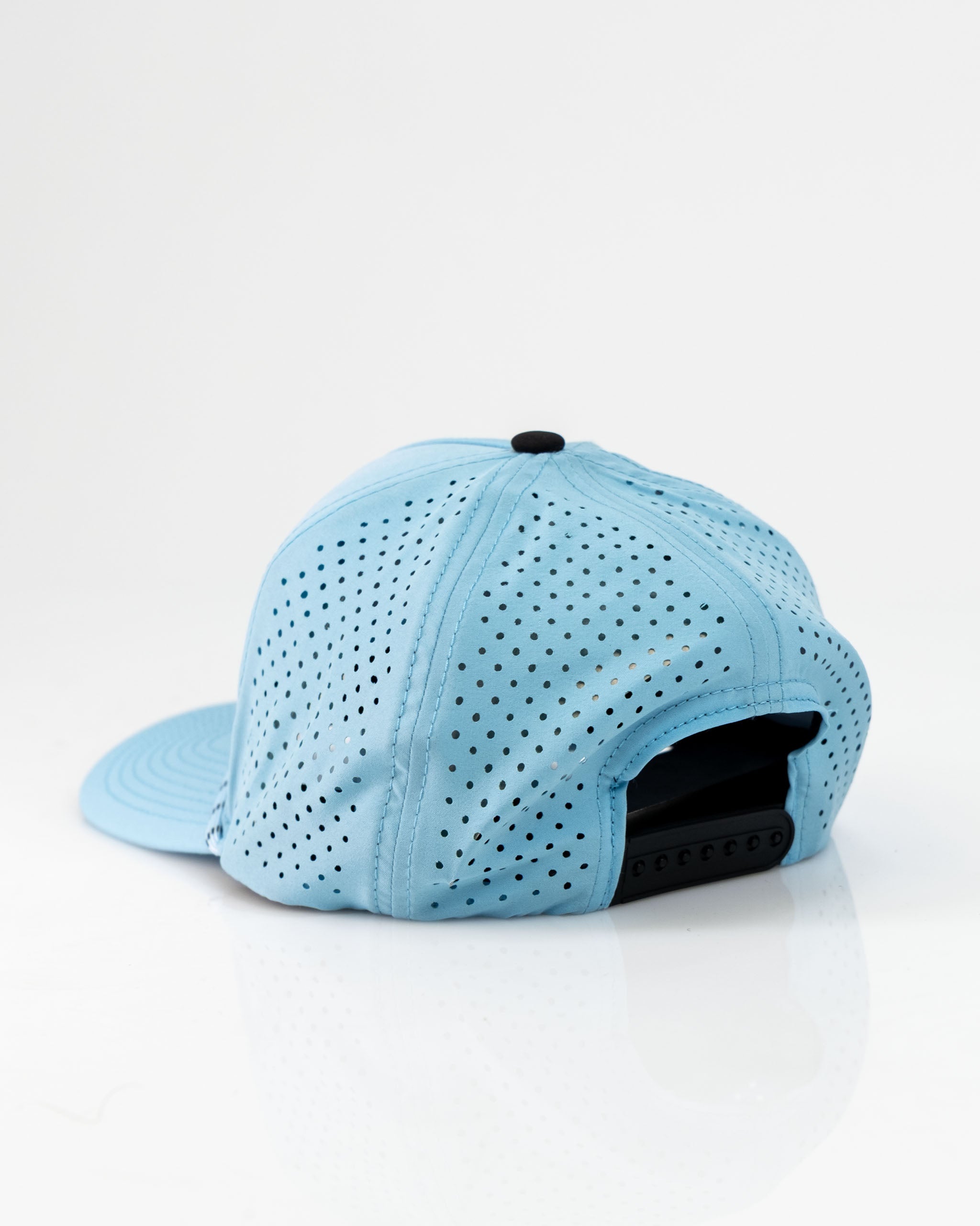 Perforated baby blue rope hat featuring a middle finger design on the back, ideal for bold golf style.