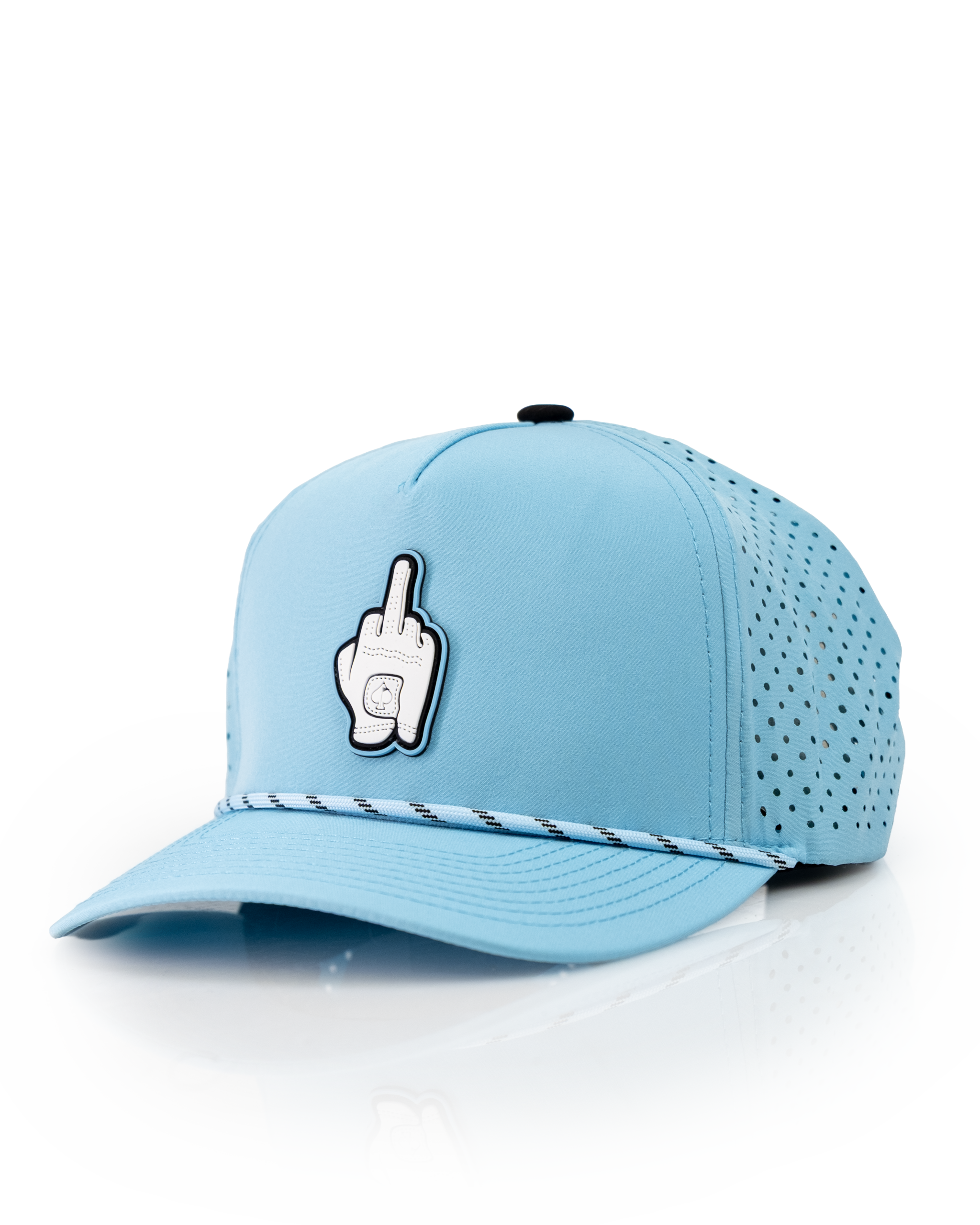Baby blue perforated rope hat featuring a middle finger graphic, perfect for bold golfers wanting to stand out.