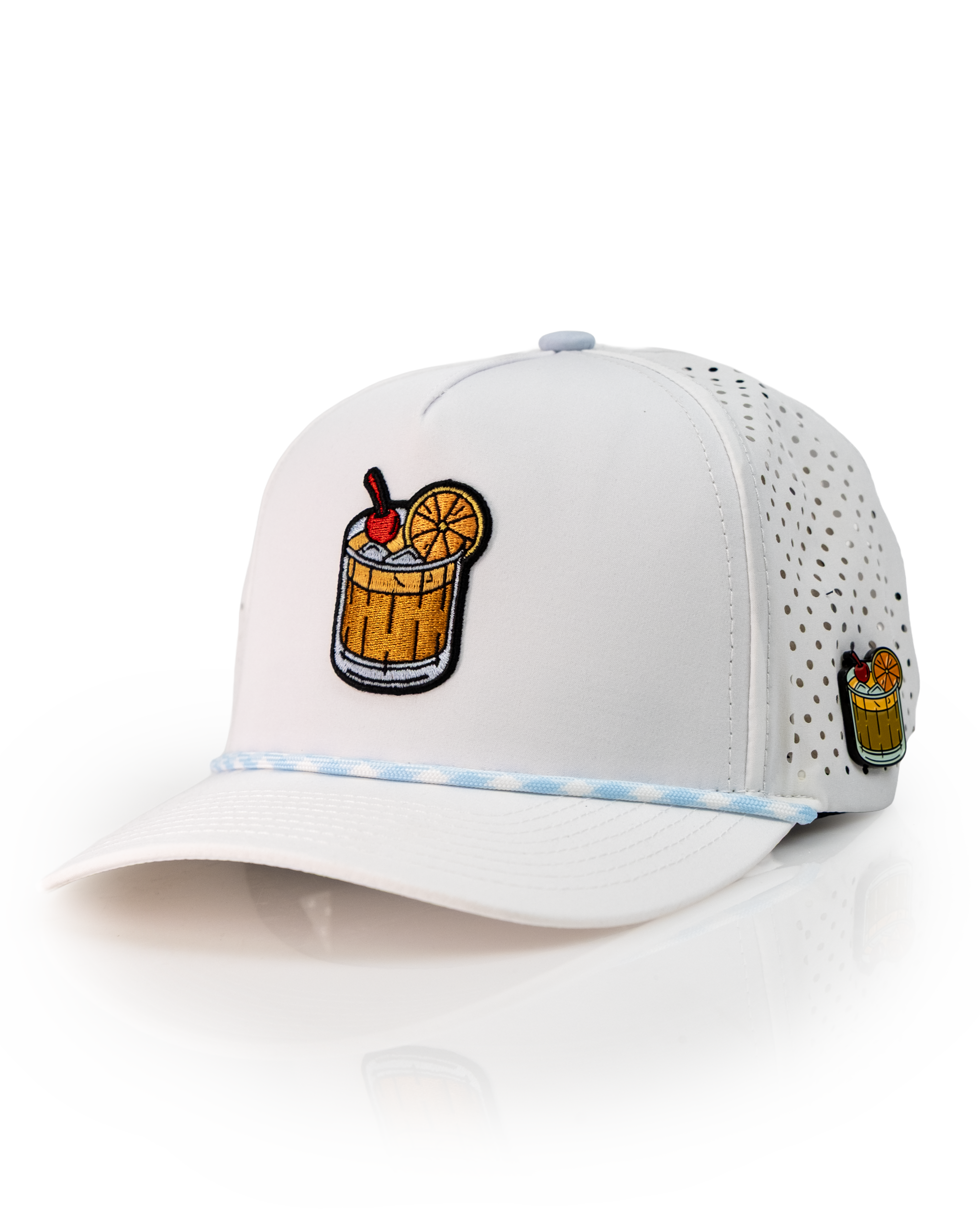 Stylish white perforated rope hat featuring an embroidered Old Fashioned cocktail design, perfect for golf enthusiasts.
