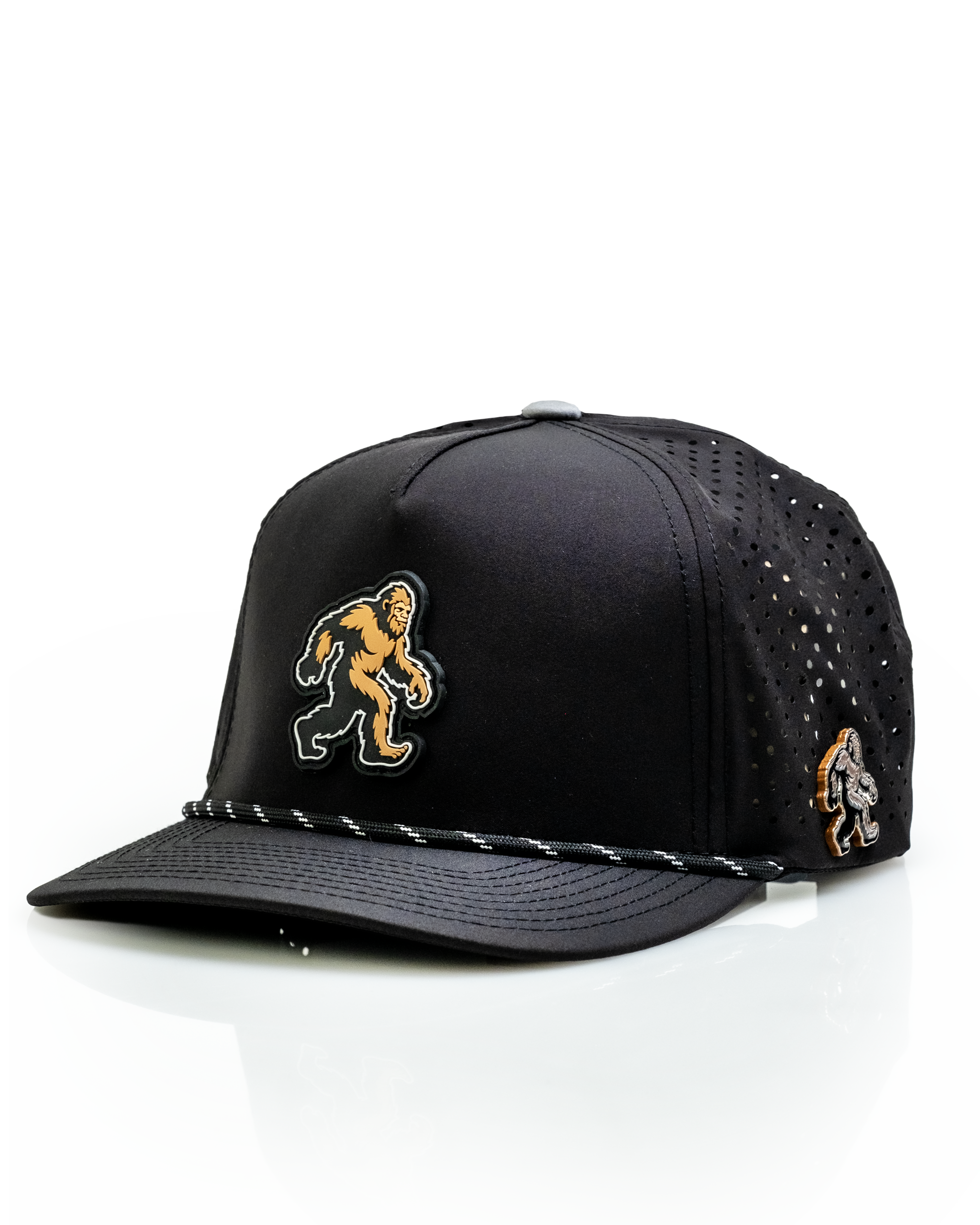Sasquatch Black perforated rope hat featuring a bold Sasquatch logo and stylish design for standout golf fashion.