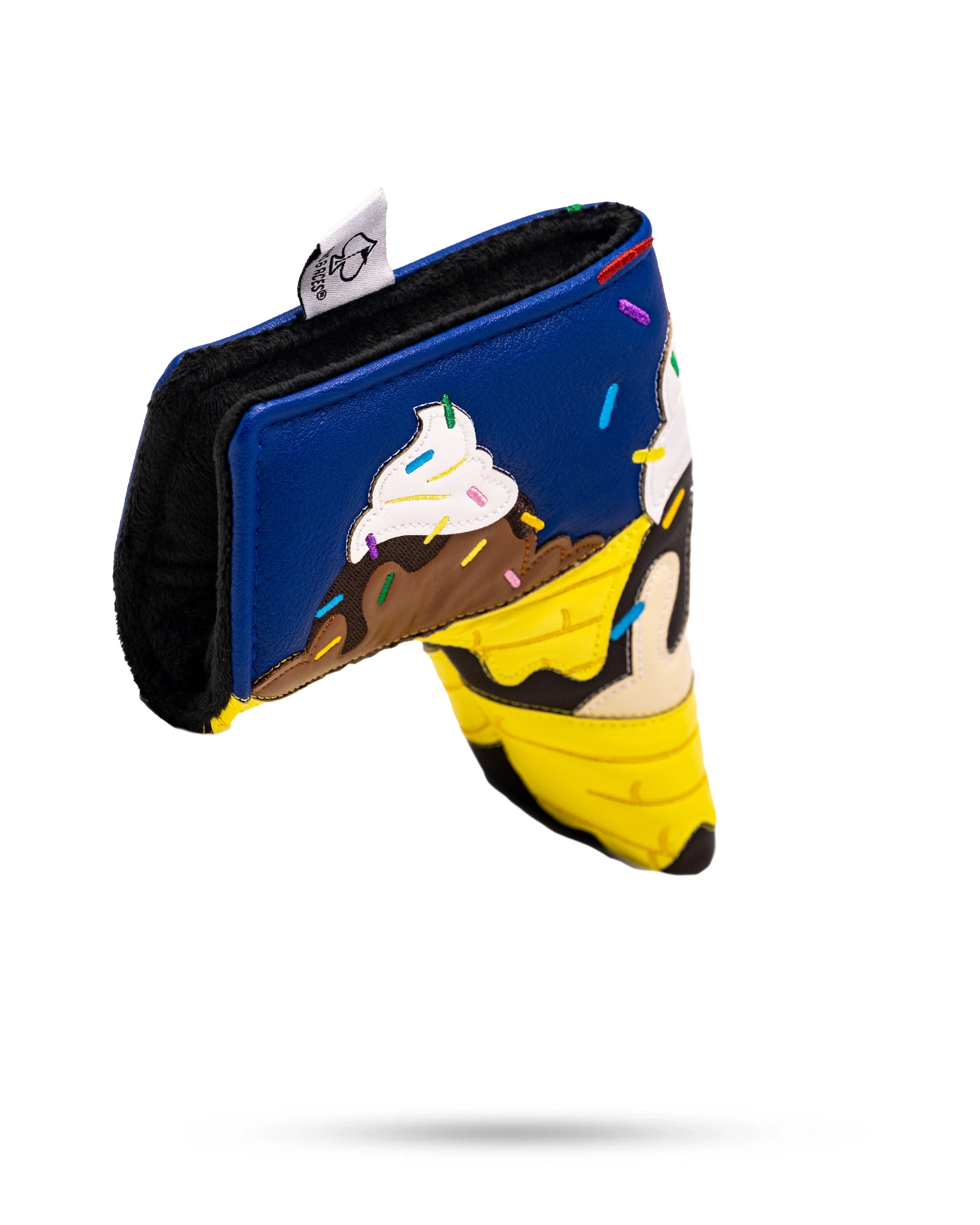 Banana Split blade putter cover with colorful ice cream design on a black background.