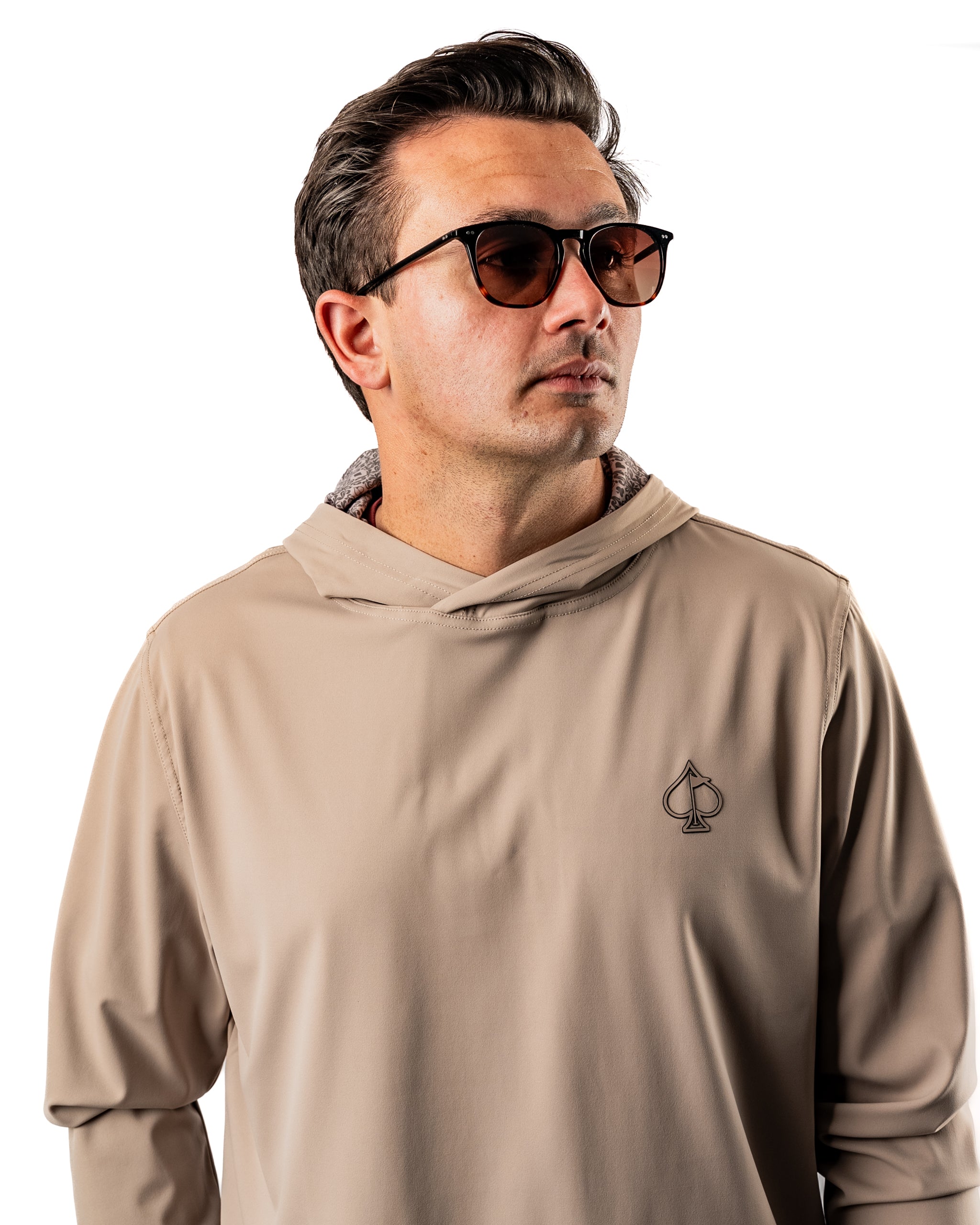 Men's performance golf hoodie in Big Blind Ash color, featuring a stylish hood and spade logo, perfect for on-course comfort.