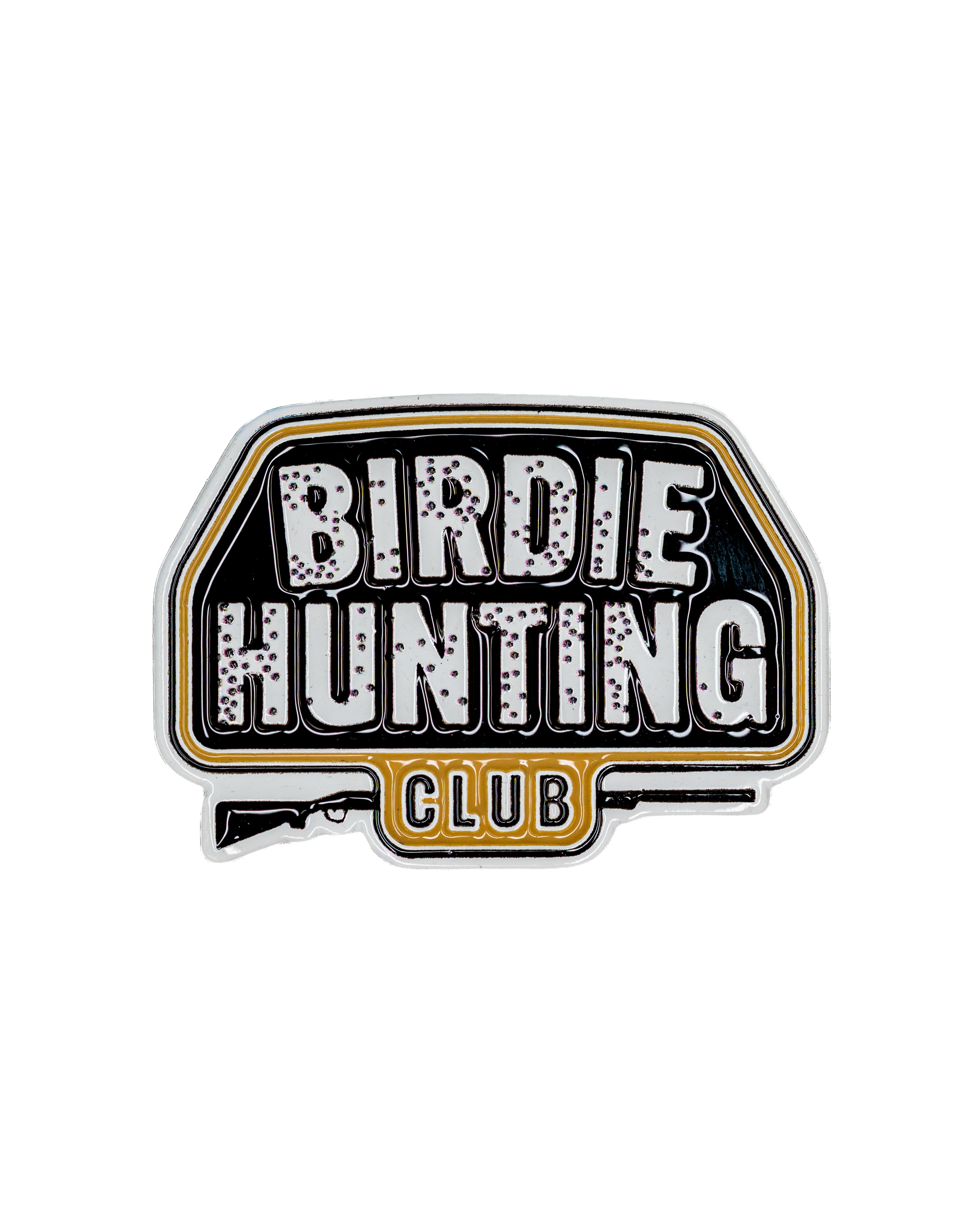 Perforated rope hat featuring a bold "Birdie Hunting Club" logo with a rifle graphic, ideal for stylish golfers.