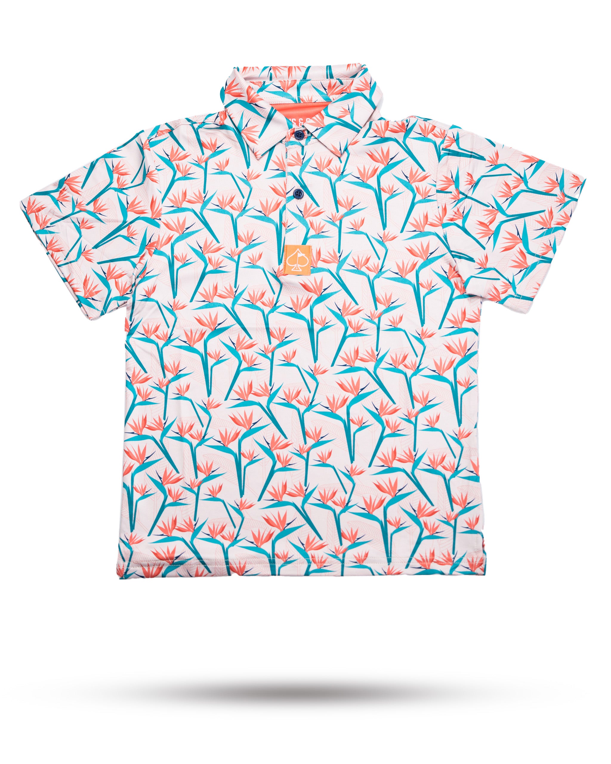 Youth Birds of Paradise polo shirt featuring vibrant tropical bird prints in blue, green, and orange against a light background.