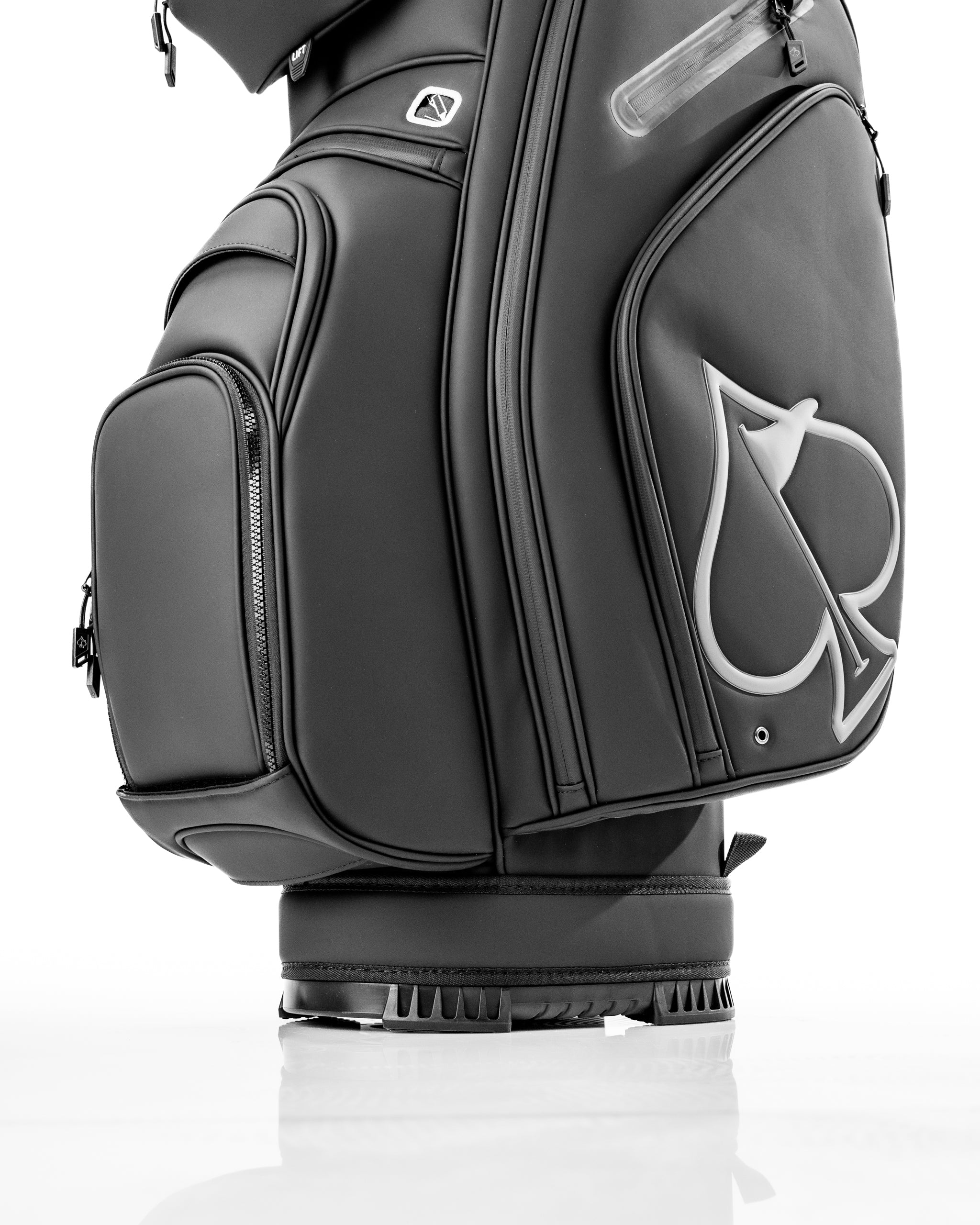 Sleek black Player Preferred™ cart bag featuring a stylish spade logo and multiple storage pockets for golfers.