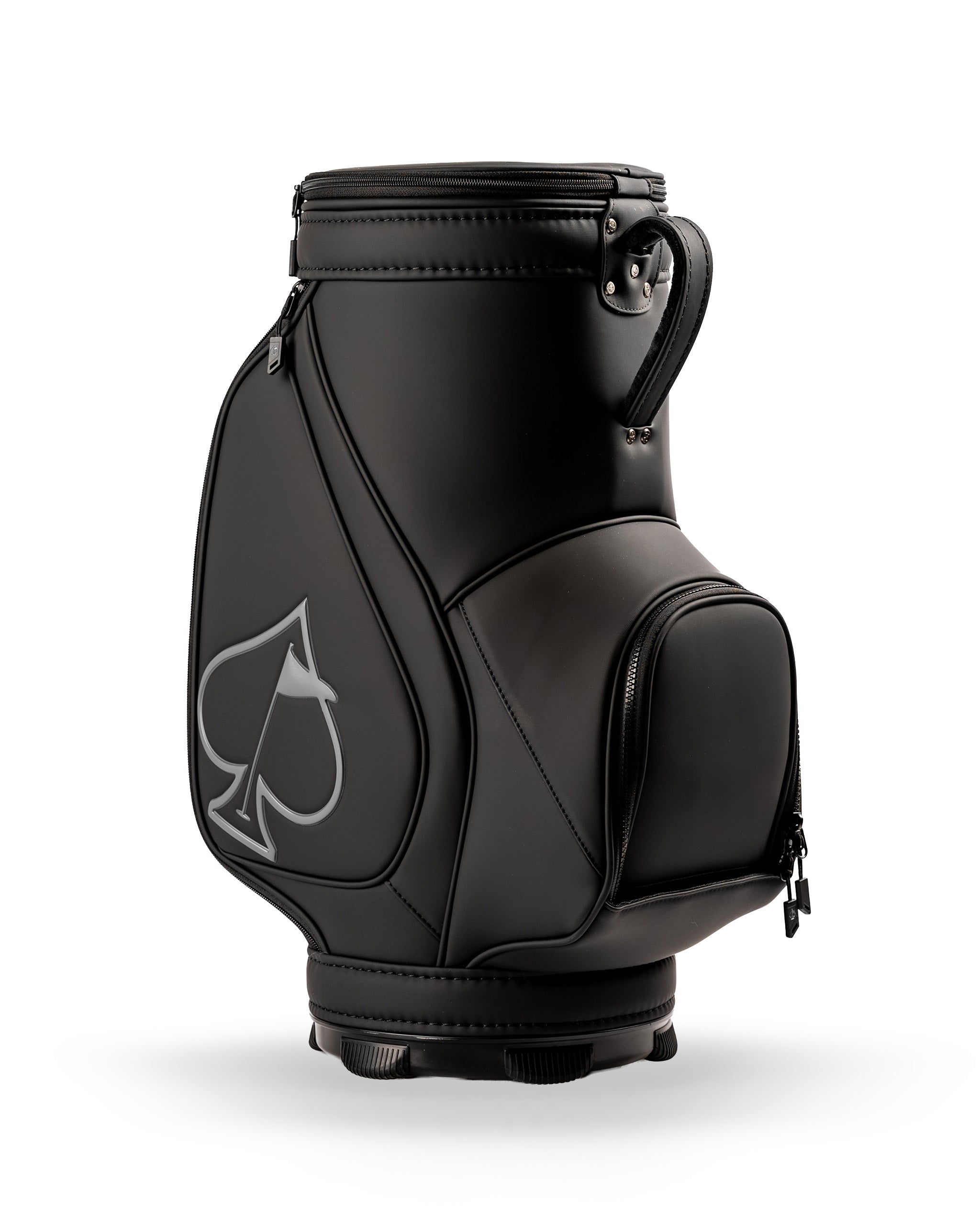 Sleek black golf den caddy with a modern design and spade logo, perfect for stylishly organizing golf accessories.
