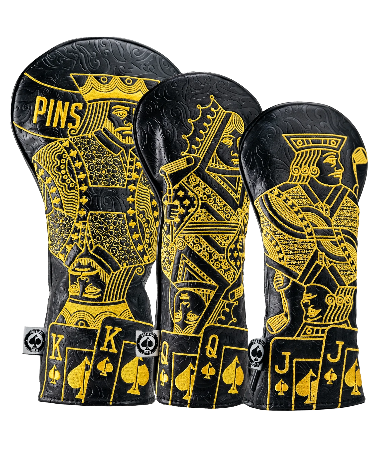 Black and gold Royal Flush headcover set featuring detailed card designs for drivers and fairway woods, perfect for golfers.