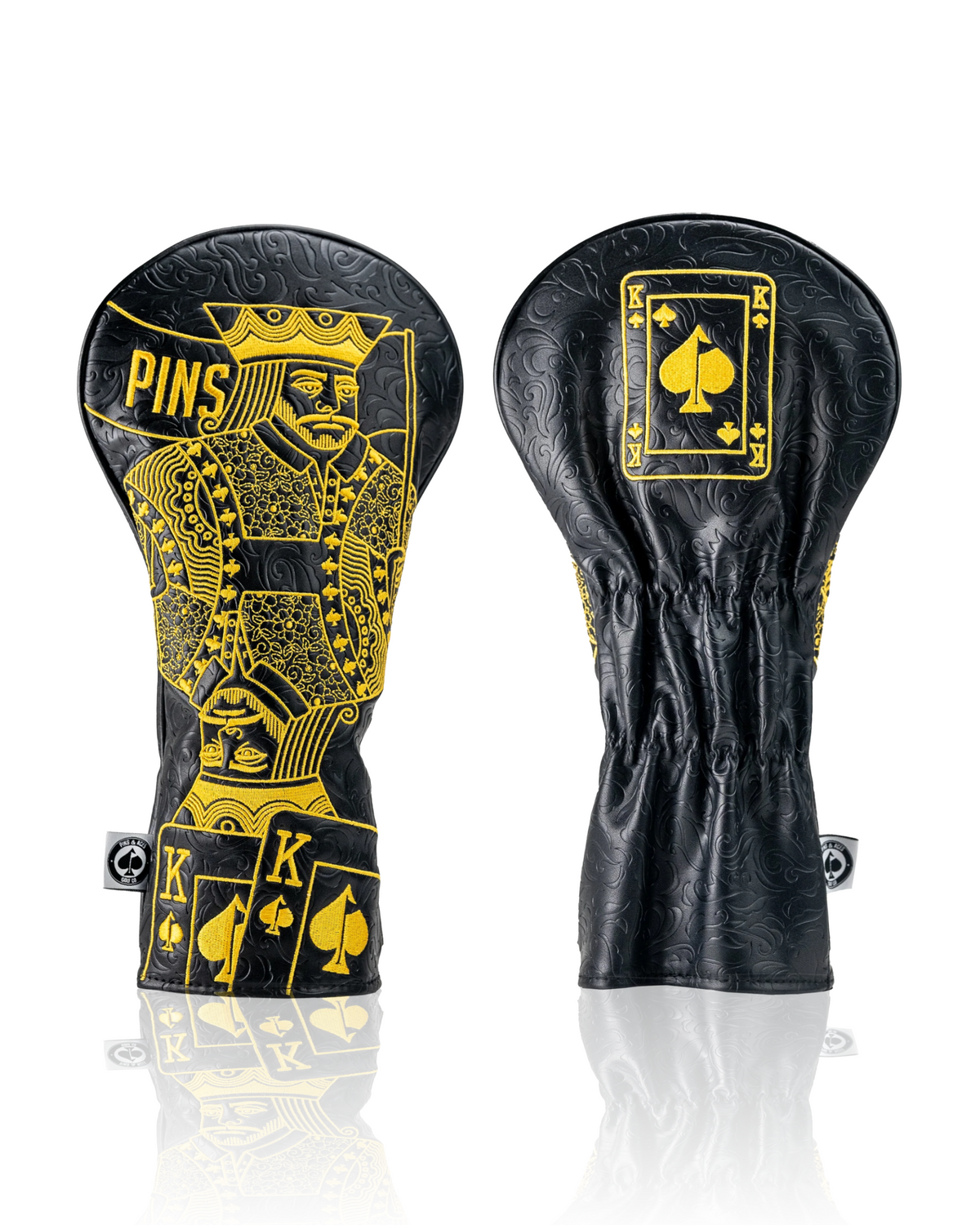 Black and gold King of Spades driver cover featuring intricate card design, perfect for stylish golfers seeking uniqueness.