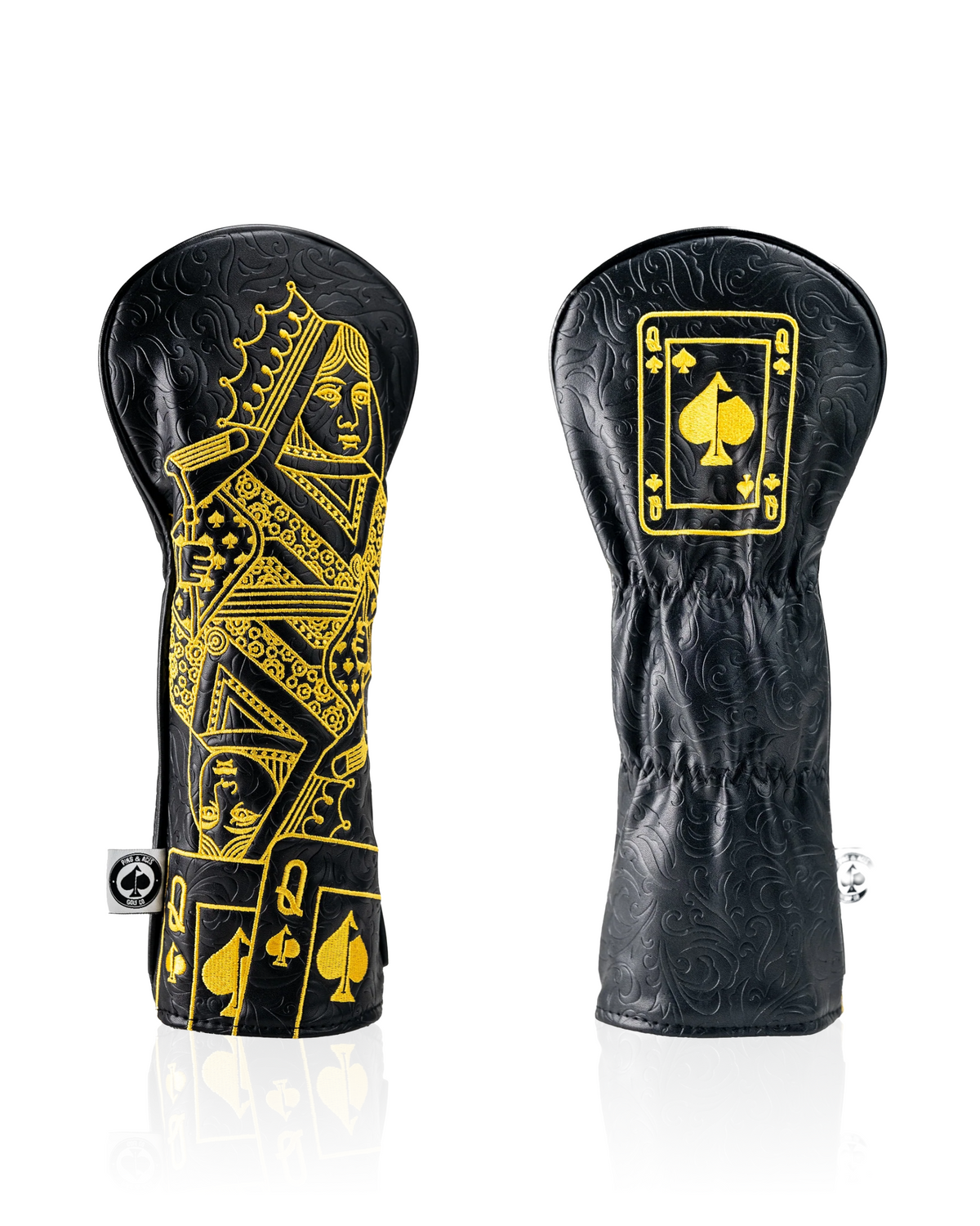 Black and gold Queen of Spades fairway cover featuring intricate card designs, perfect for stylish golfers.