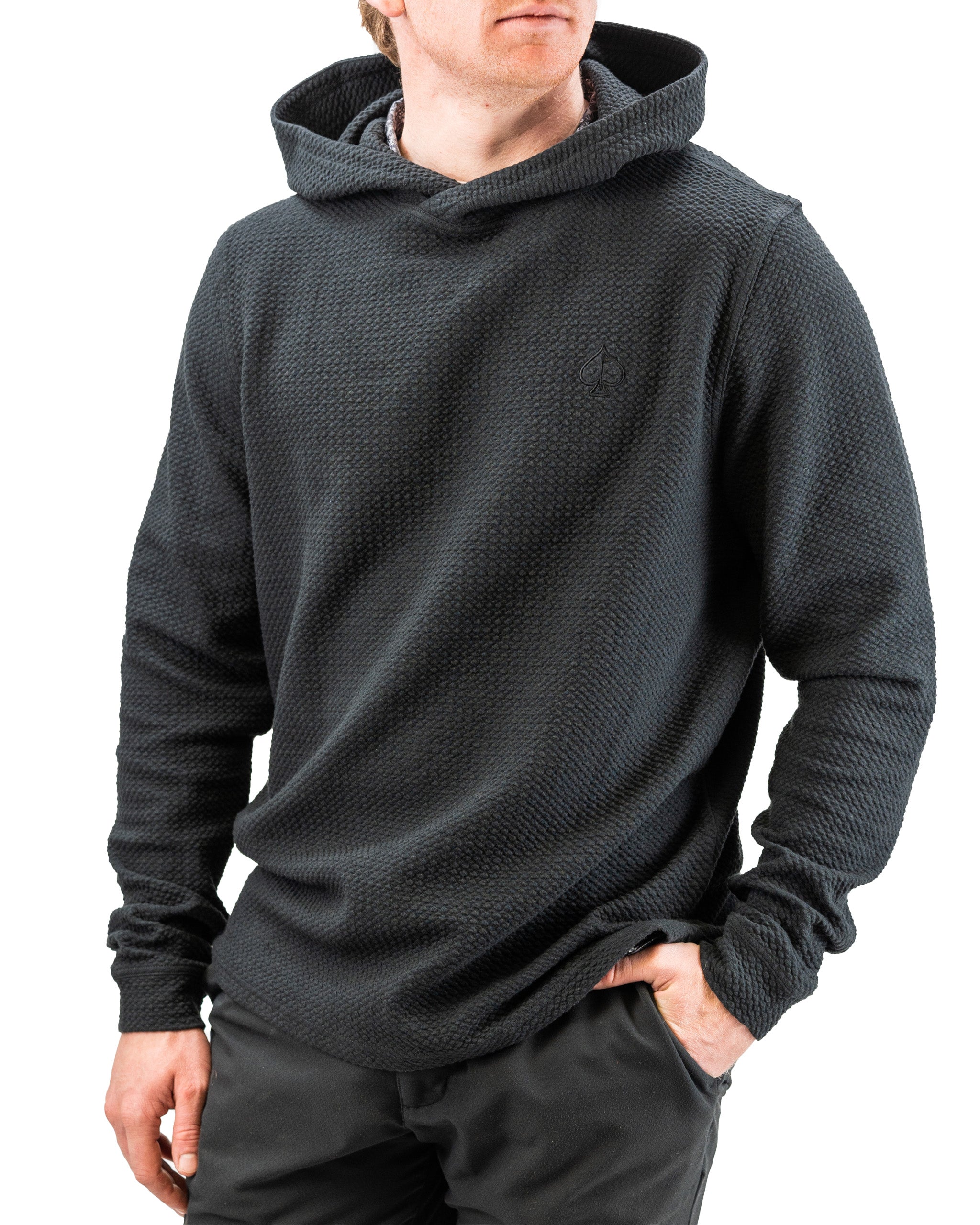 Player Preferred™ Waffle Knit Hoodie in Obsidian, featuring a textured fabric, drawstring hood, and front pocket.