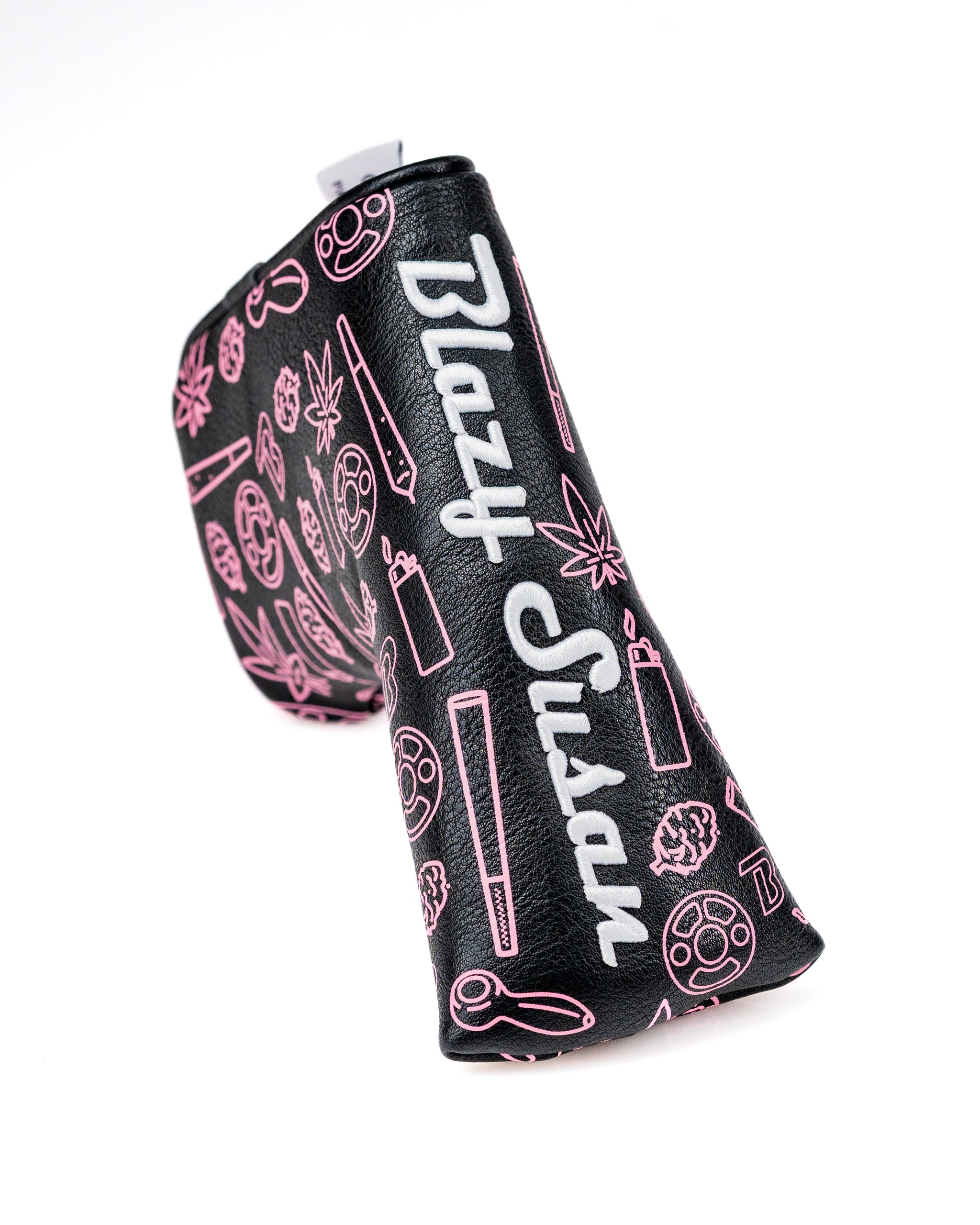 Bold black blade putter cover featuring pink Blazy Susan graphics, perfect for golfers wanting to stand out on the course.