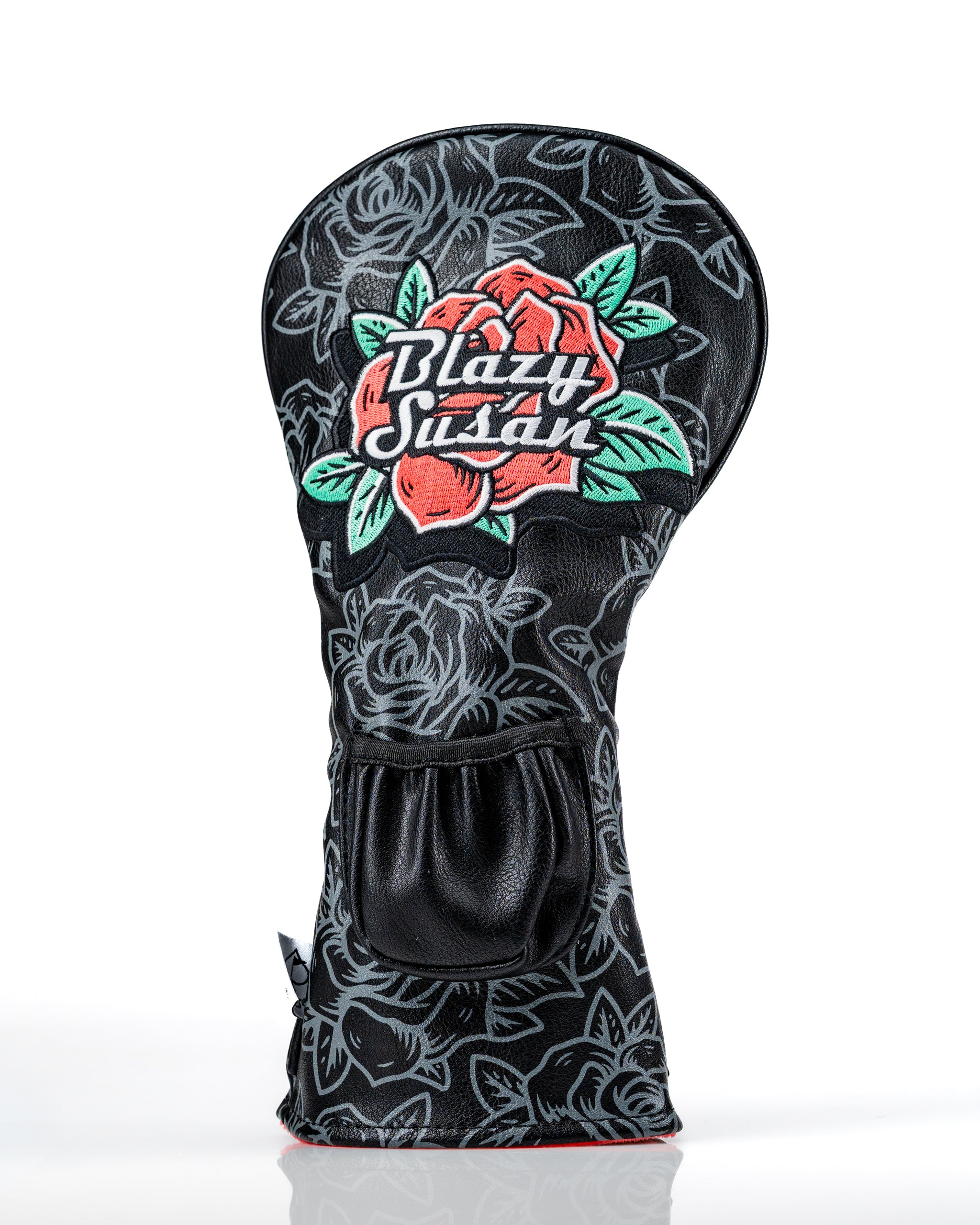 Bold black driver cover featuring floral designs and the "Blazy Susan" logo, perfect for golfers seeking unique style.