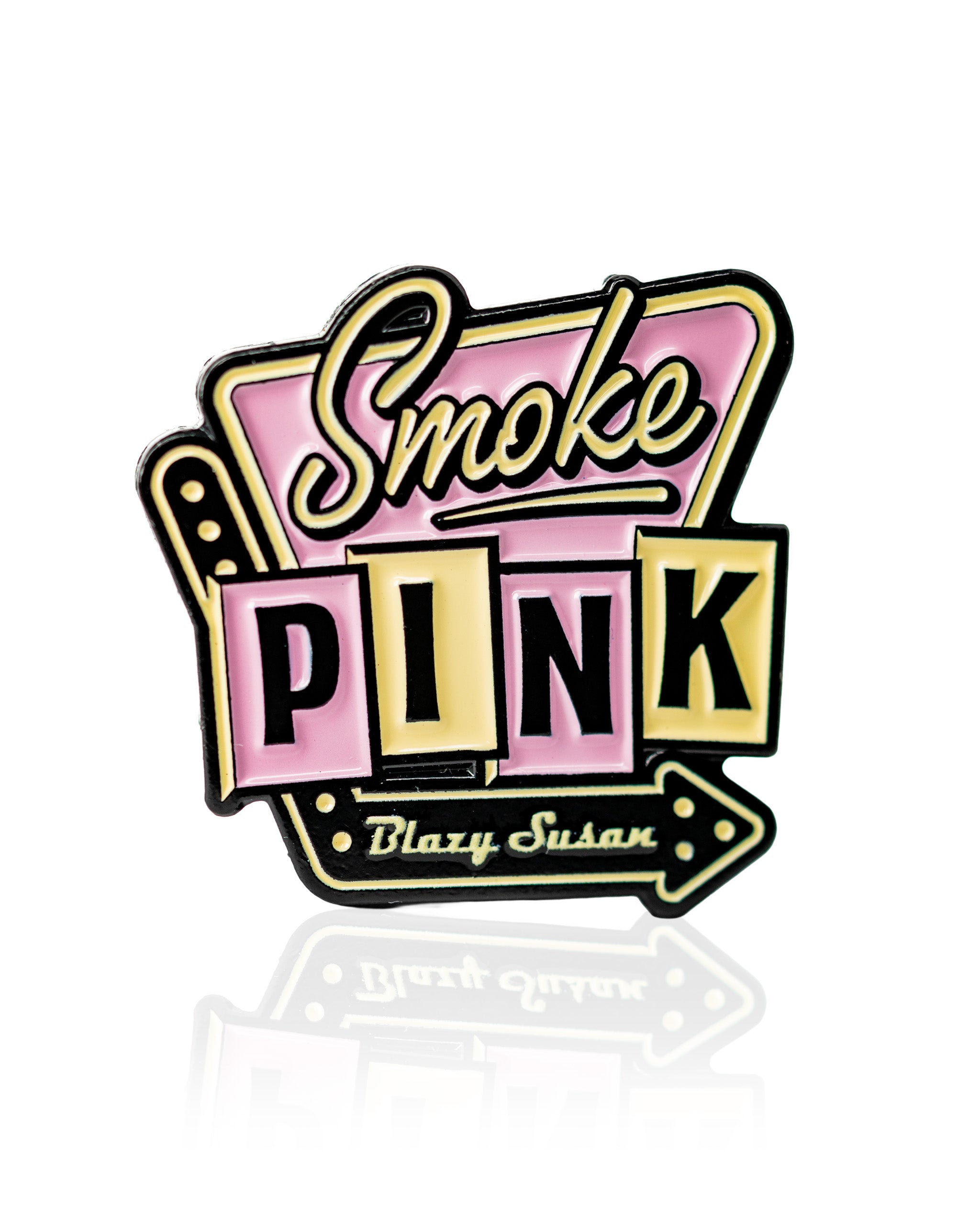 Bold pink and yellow ball marker featuring "Smoke Pink" text, designed for golfers seeking unique accessories.