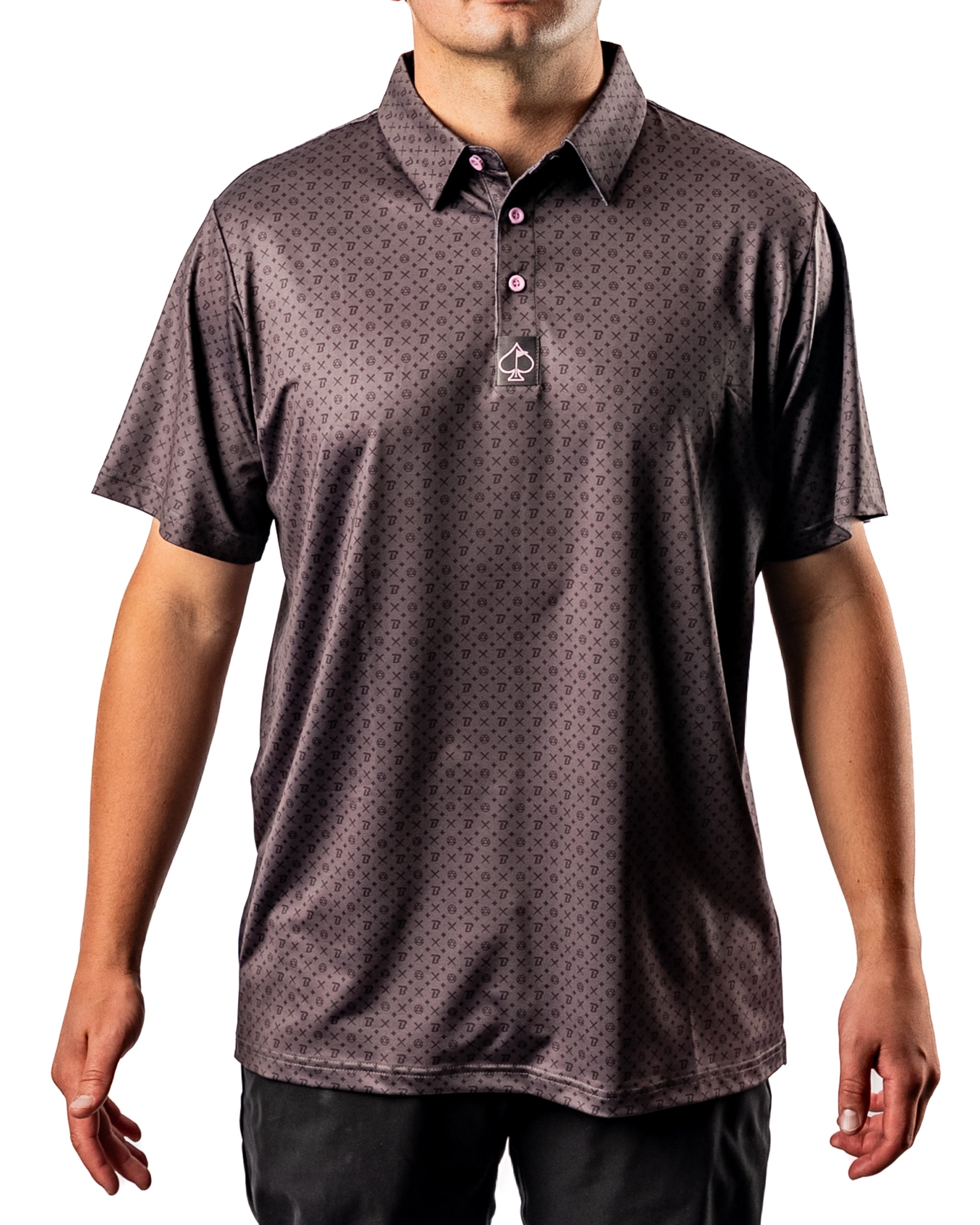 Men's golf polo shirt in dark gray with a subtle pattern, featuring a classic collar and buttons for a stylish look on the course.