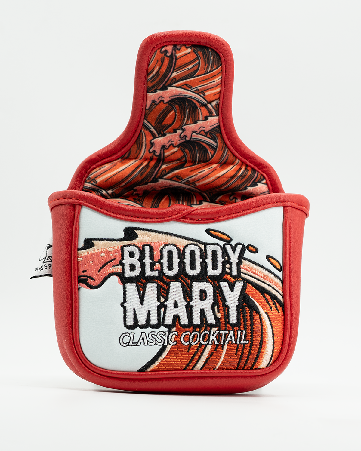 Bold red mallet putter cover featuring a vibrant Bloody Mary design and the text "BLOODY MARY CLASSIC COCKTAIL.