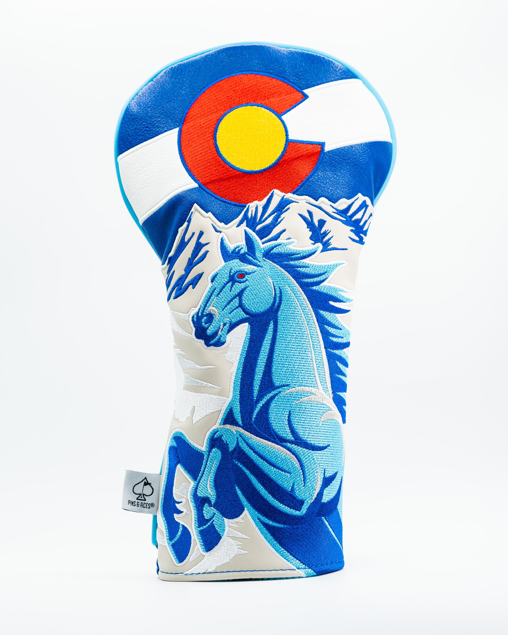 Blue horse driver cover featuring Colorado flag design and mountain graphics, perfect for golf enthusiasts.
