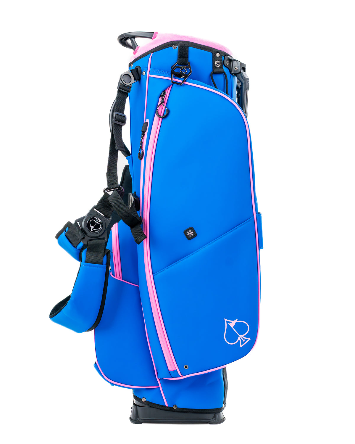 Bold blue raspberry golf bag with pink accents, featuring multiple pockets and a comfortable shoulder strap for easy carrying.