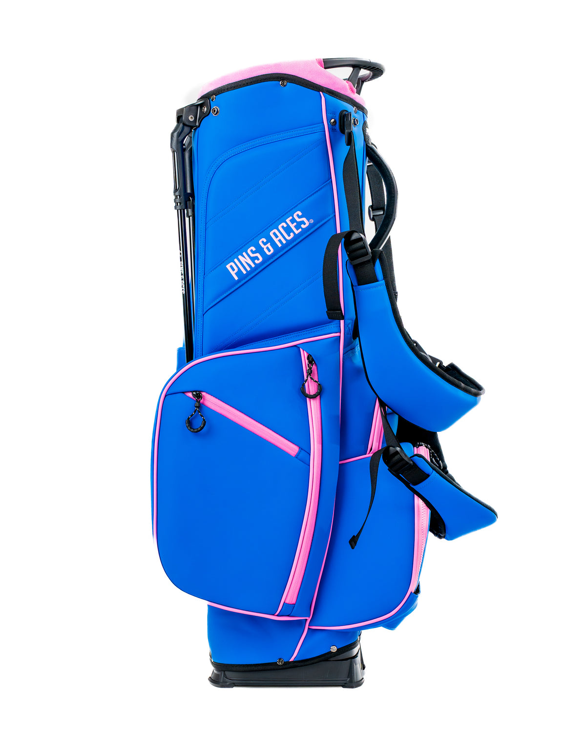 Bold blue raspberry golf bag with pink accents, featuring multiple pockets and a sleek design for stylish golfers.