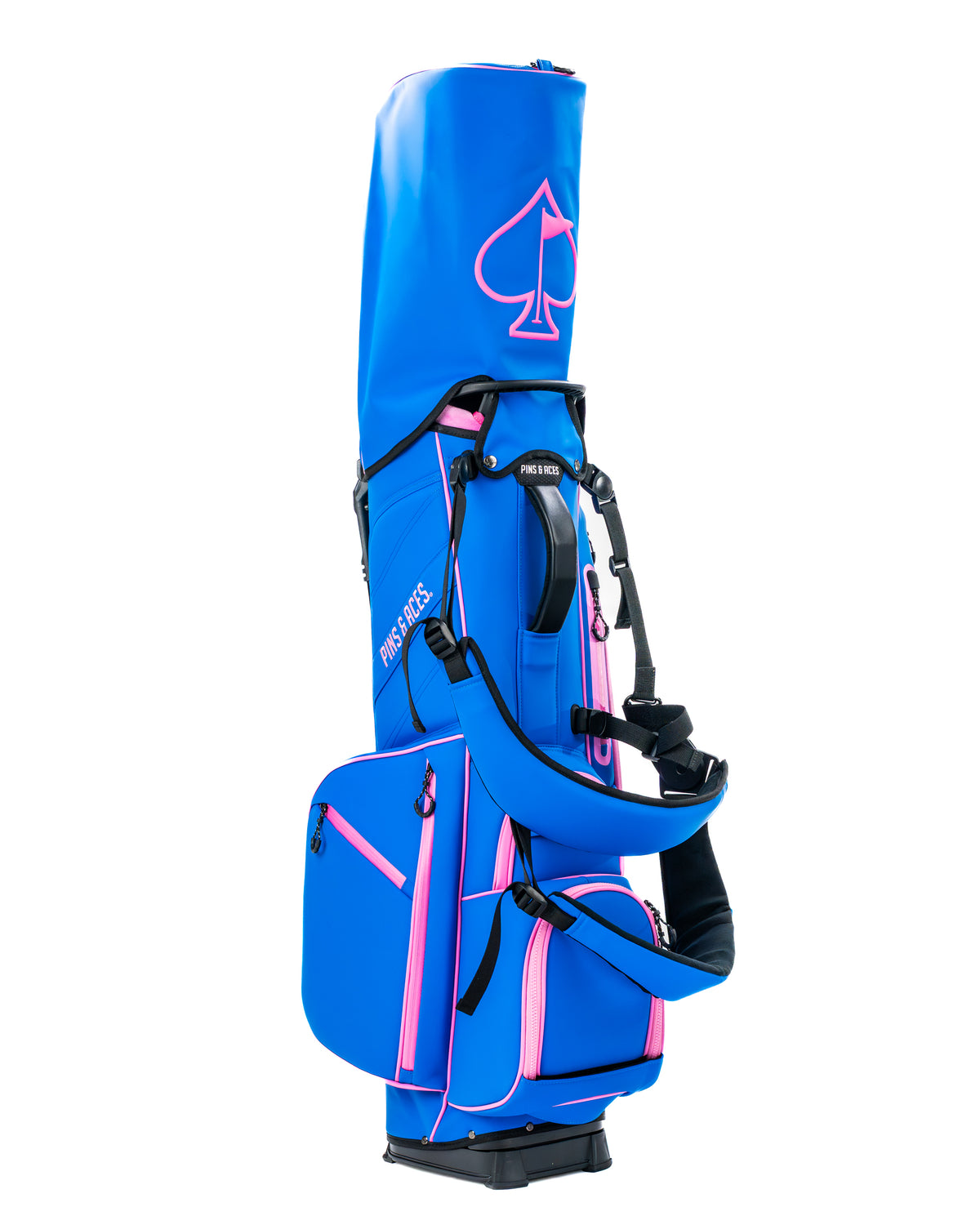 Bold blue raspberry golf bag with pink accents, featuring multiple pockets and a comfortable shoulder strap for easy carrying.