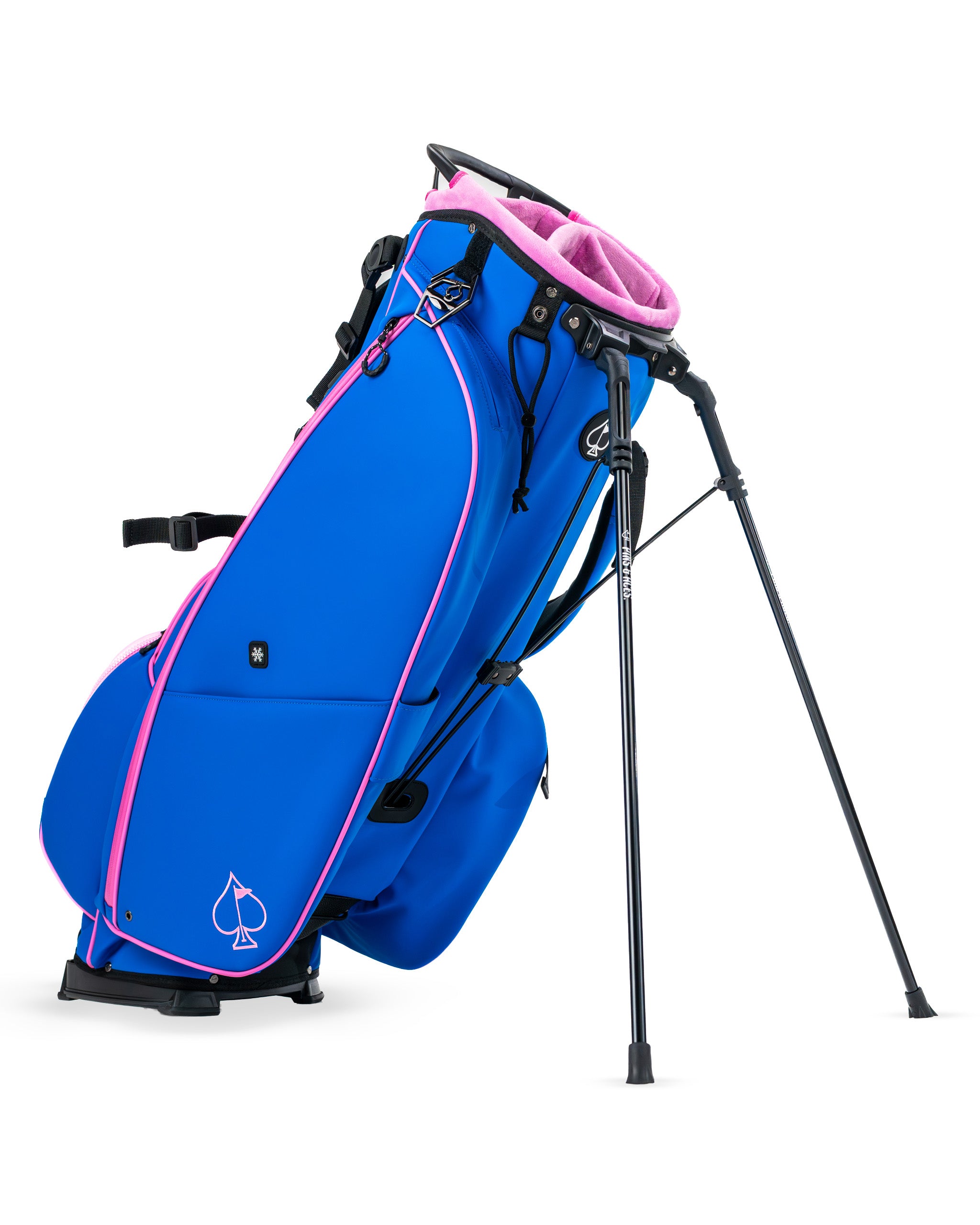 Bold blue raspberry golf bag with pink accents and a stand, designed for style and functionality on the course.