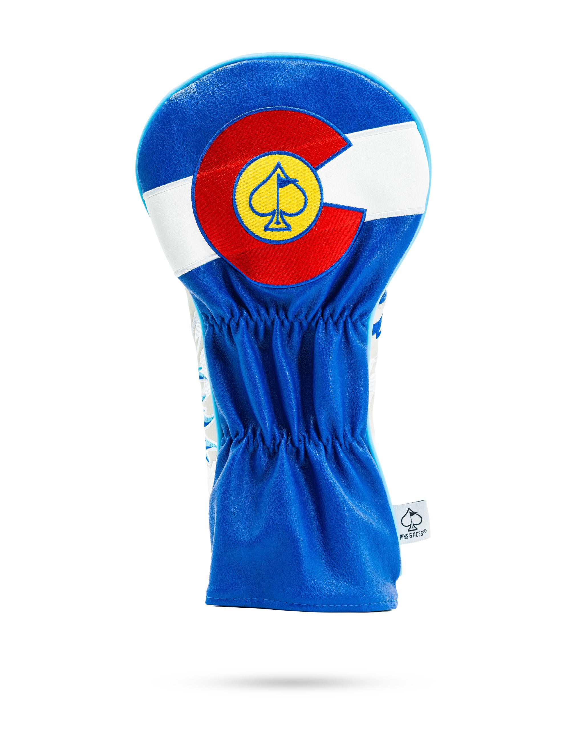 Blue golf driver cover featuring a Colorado flag design with a spade symbol, designed for stylish club protection.
