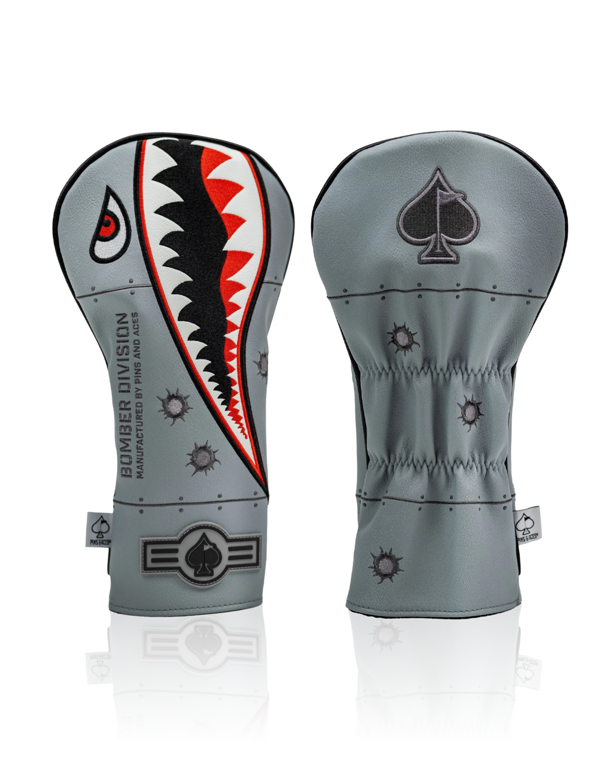 Bold bomber driver cover featuring a shark design with a spade logo, perfect for golfers wanting to stand out on the course.