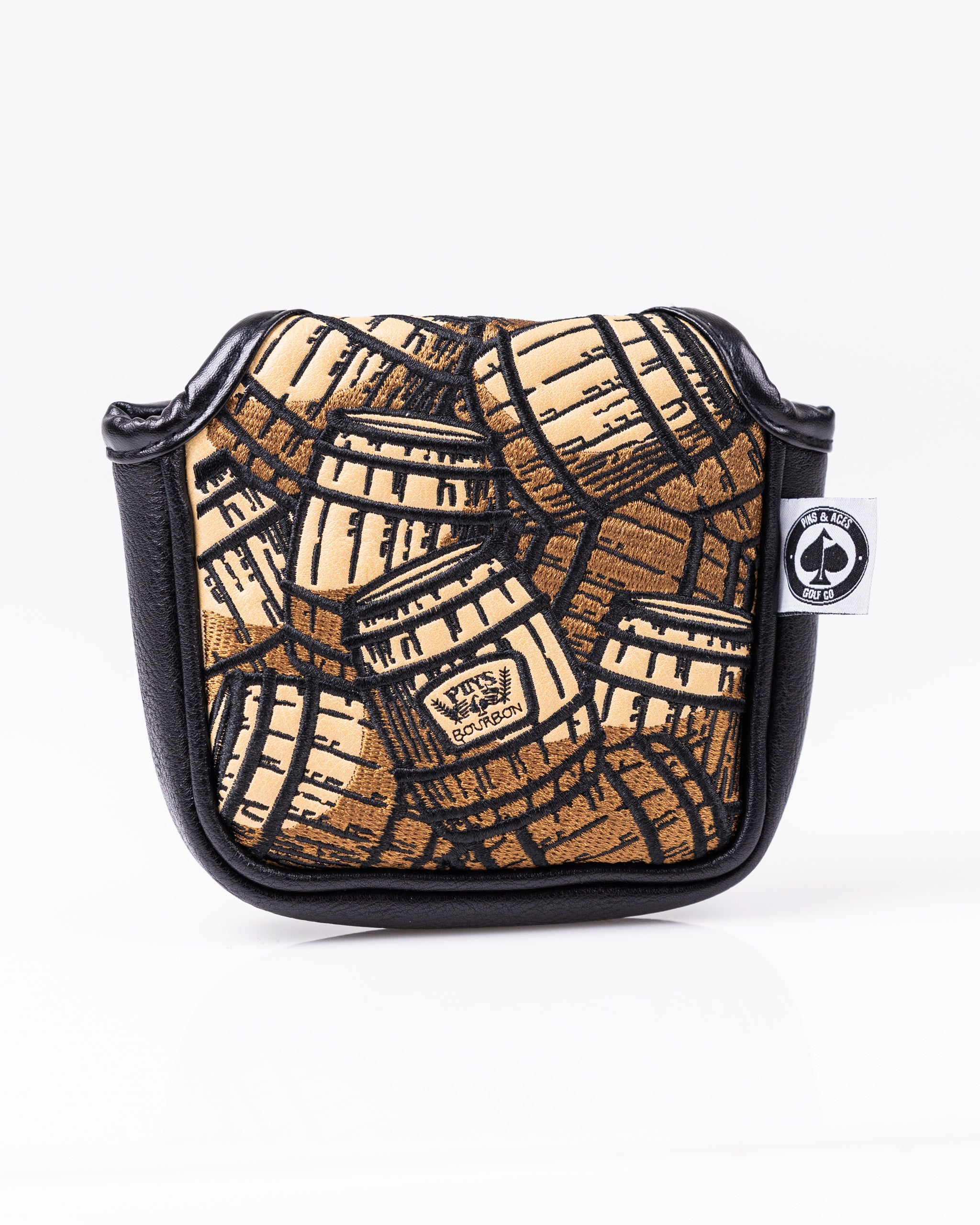 Bourbon barrel mallet cover made of brown leather with stitching, featuring a rustic design, displayed against a light background.