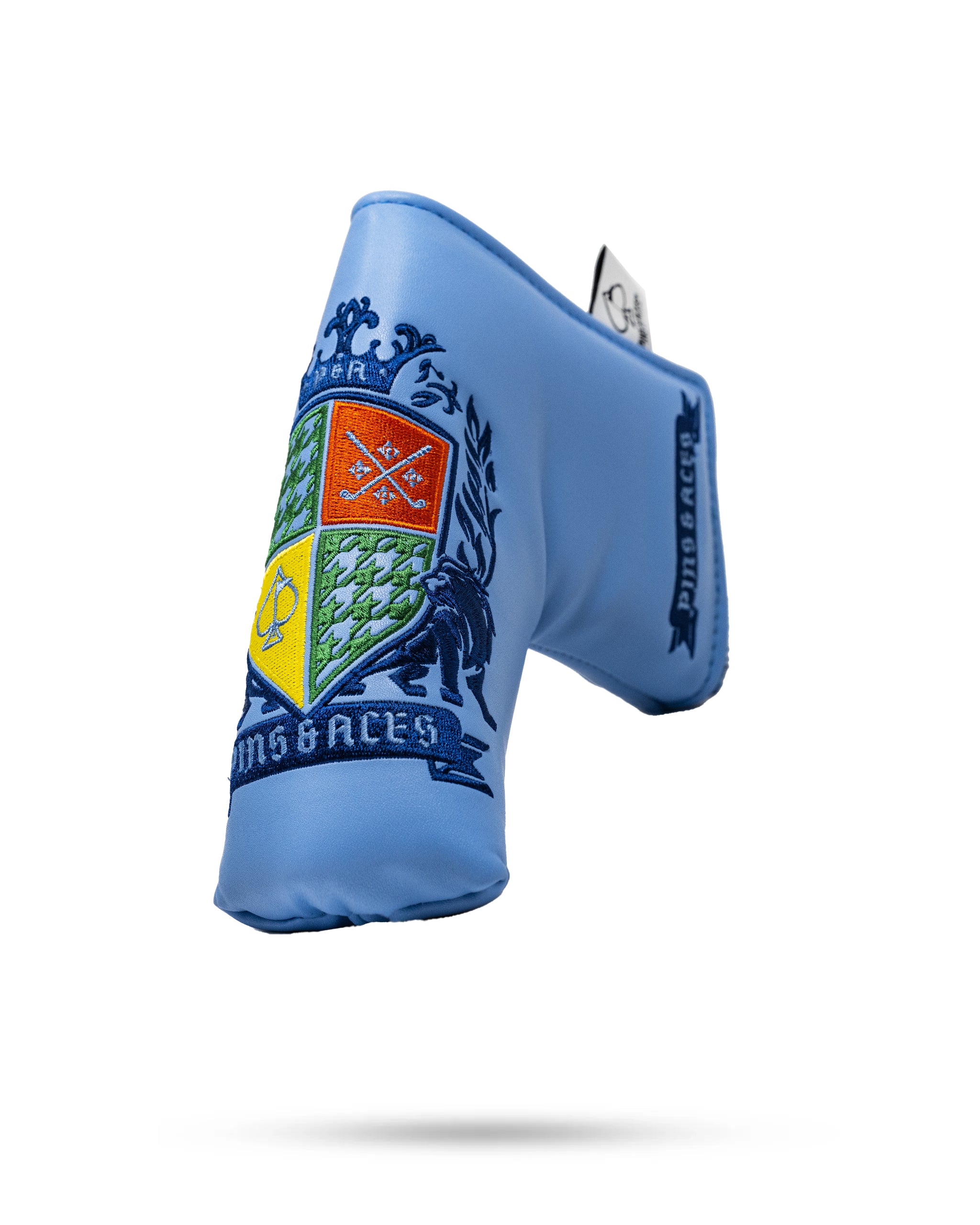 Coat of Arms Blade Putter Cover featuring intricate design and durable material, perfect for golf enthusiasts.