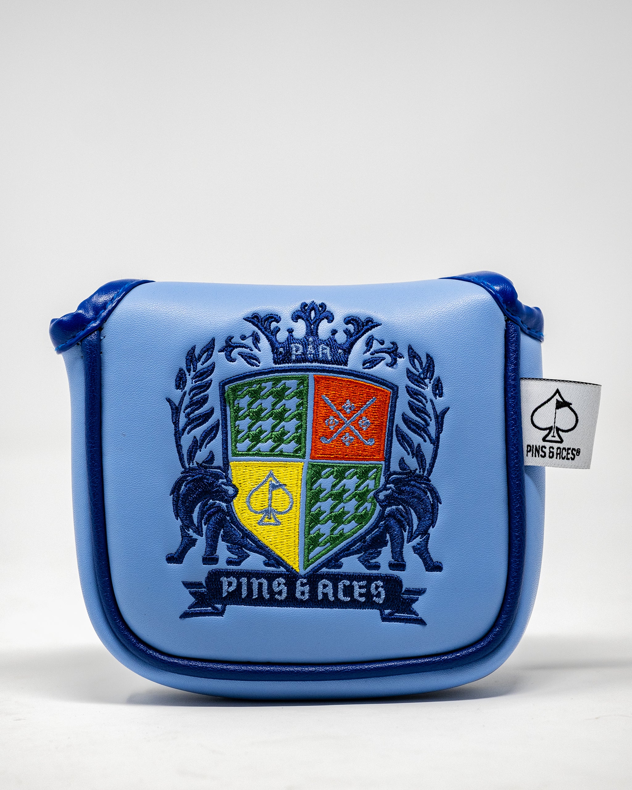 Alt text: "Coat of Arms mallet cover featuring a traditional design, ideal for golf club protection."