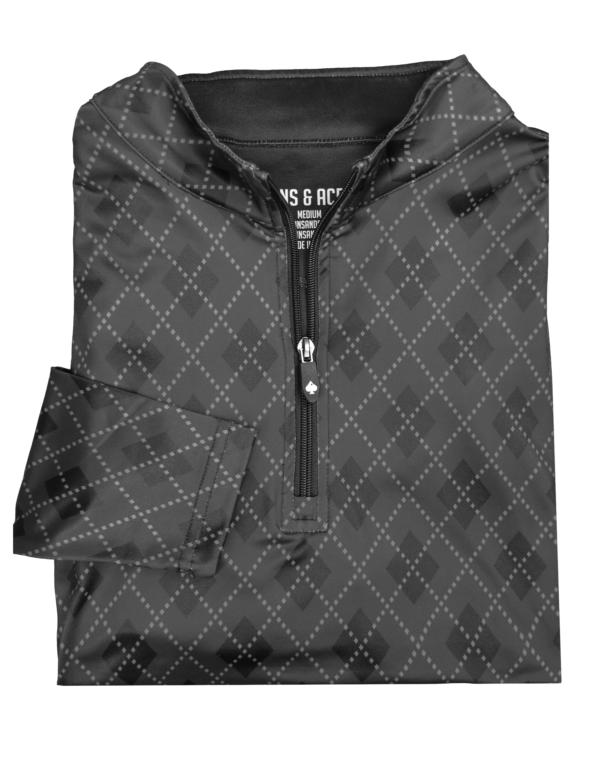Black London Fog pullover with a quarter zip and diamond pattern, folded neatly with one sleeve visible.