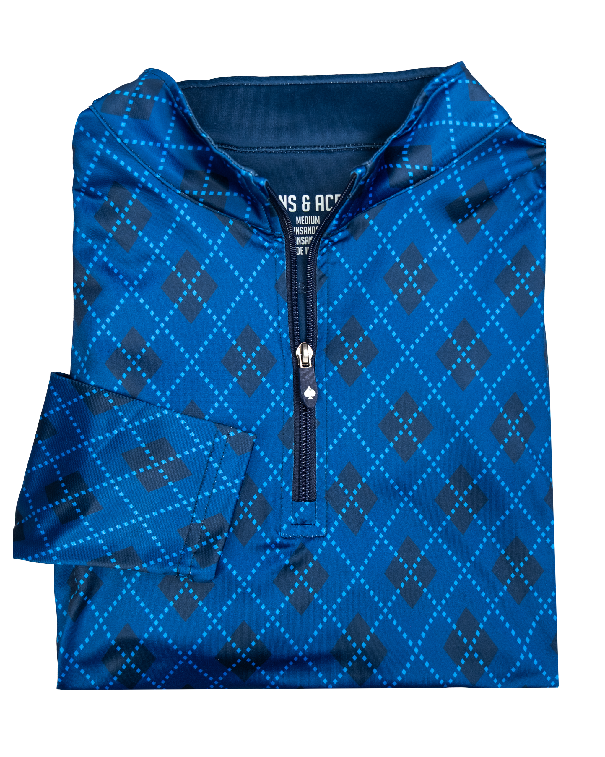 Windsor blue pullover with a quarter-zip design, featuring a diamond pattern in varying shades of blue and black.