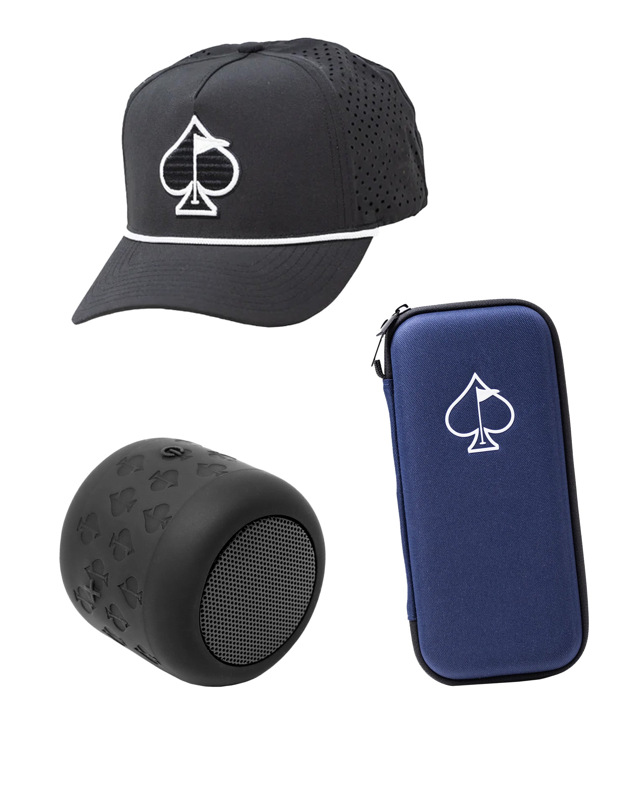 Black golf cap, portable speaker, and accessory case from the Tees & Tunes Gift Pack, perfect for stylish golfers.