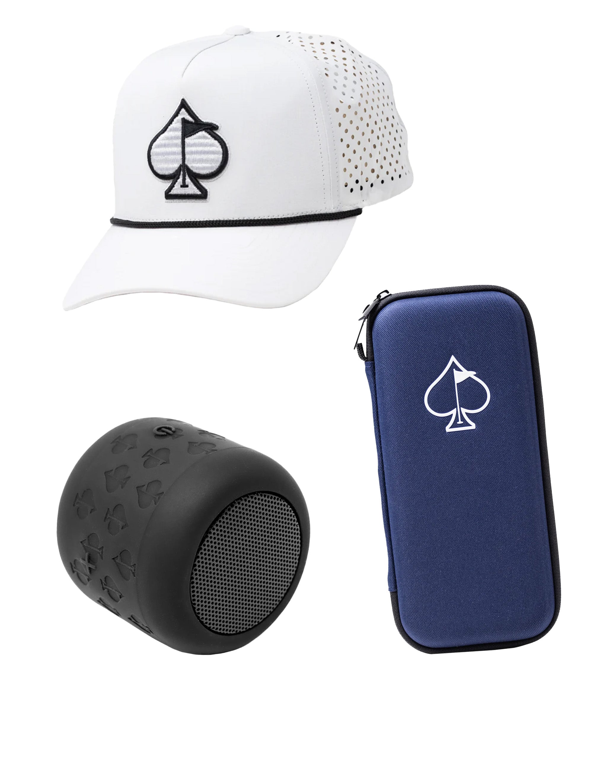White cap with spade logo, portable speaker, and protective case in navy, perfect for golfers who enjoy music on the course.