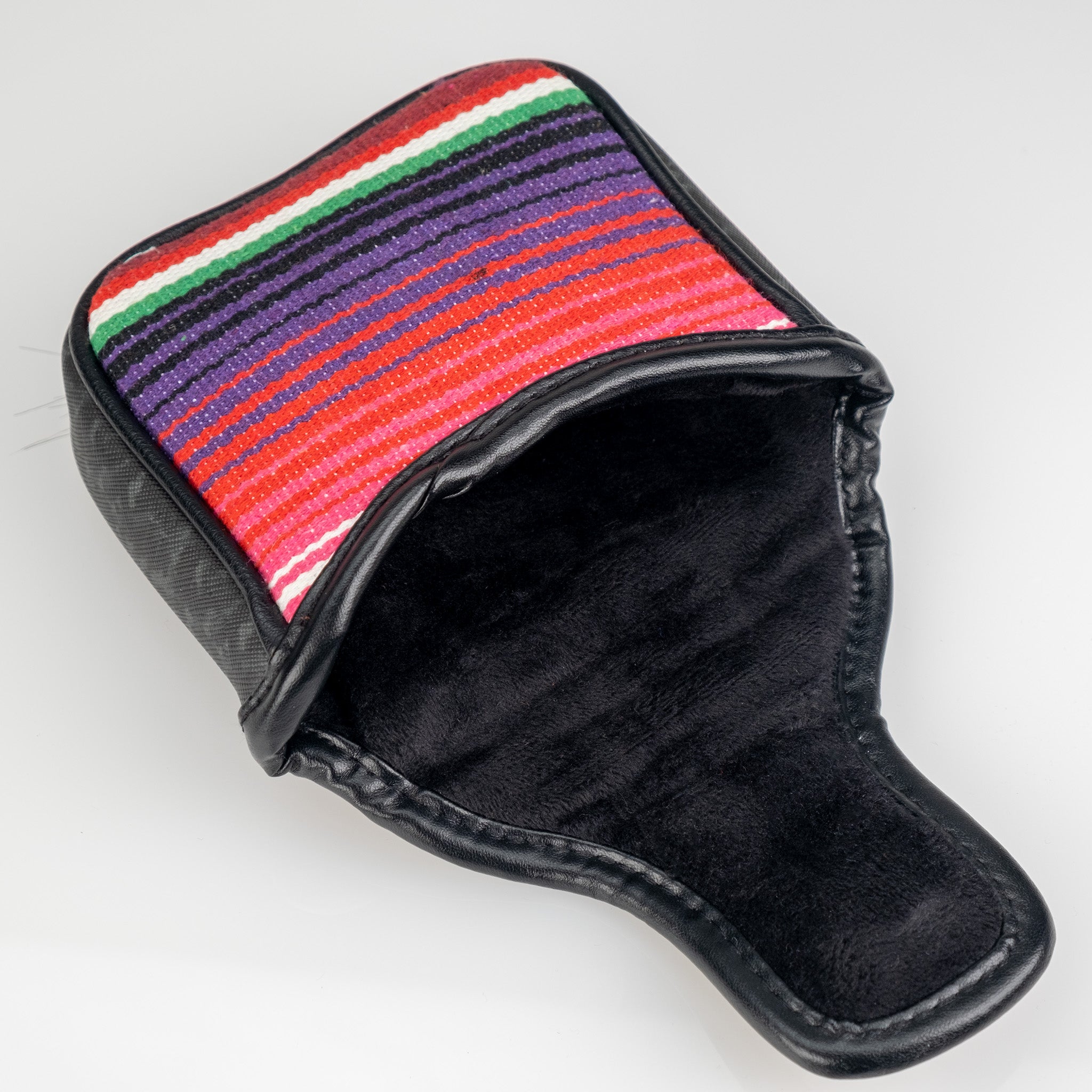 Colorful striped golf club headcover with black leather base, designed for bold, unique golf style.