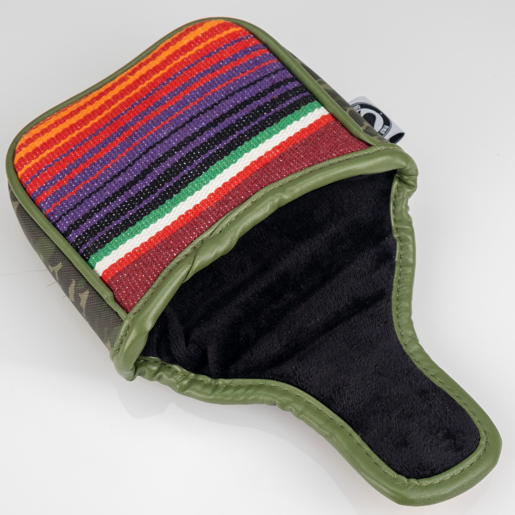 Colorful striped golf headcover with green trim, showcasing bold, unique style for standout golf accessories.