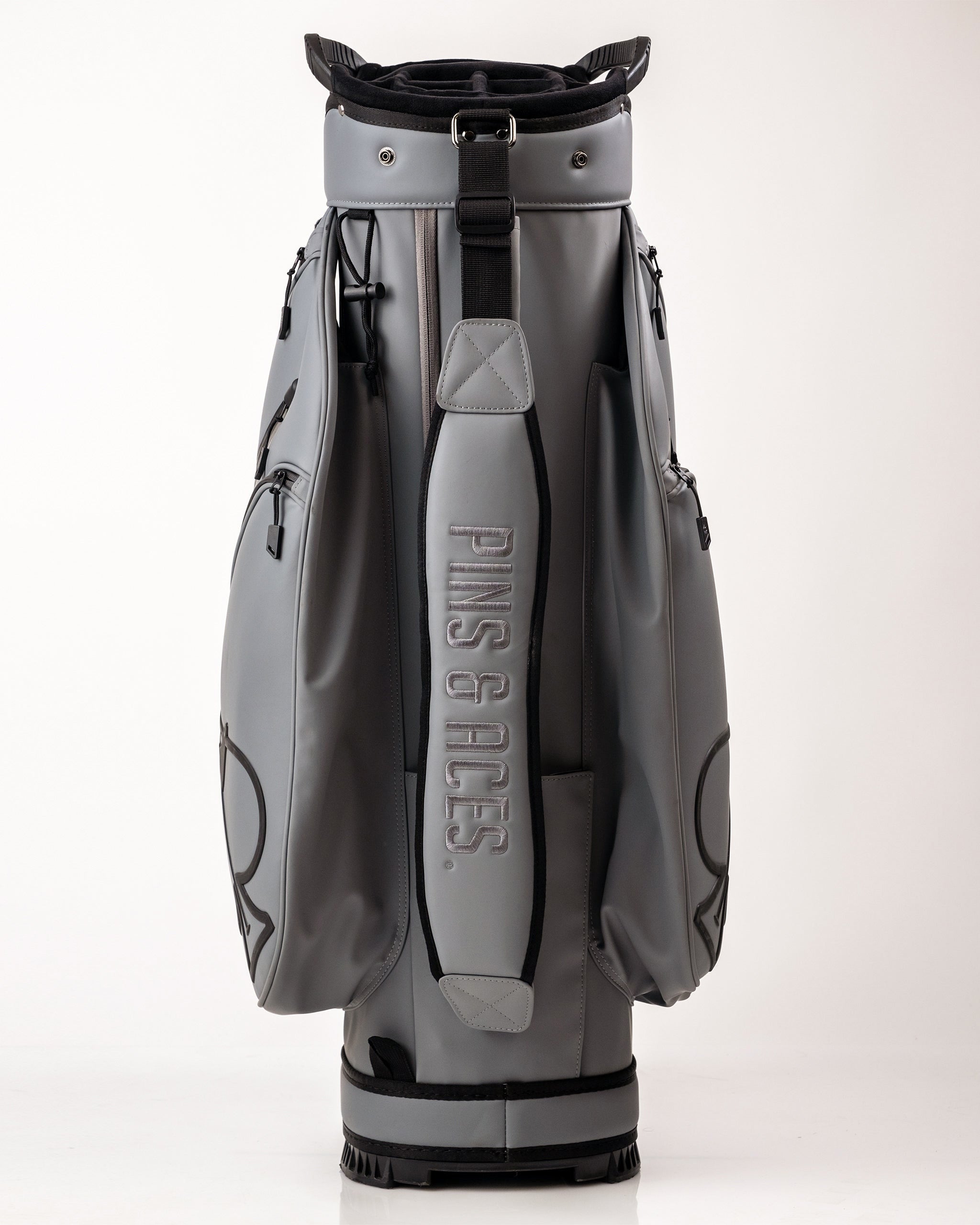 Player Preferred™ Cart Bag in Flat Ash, showcasing a sleek design with multiple storage pockets and padded straps.
