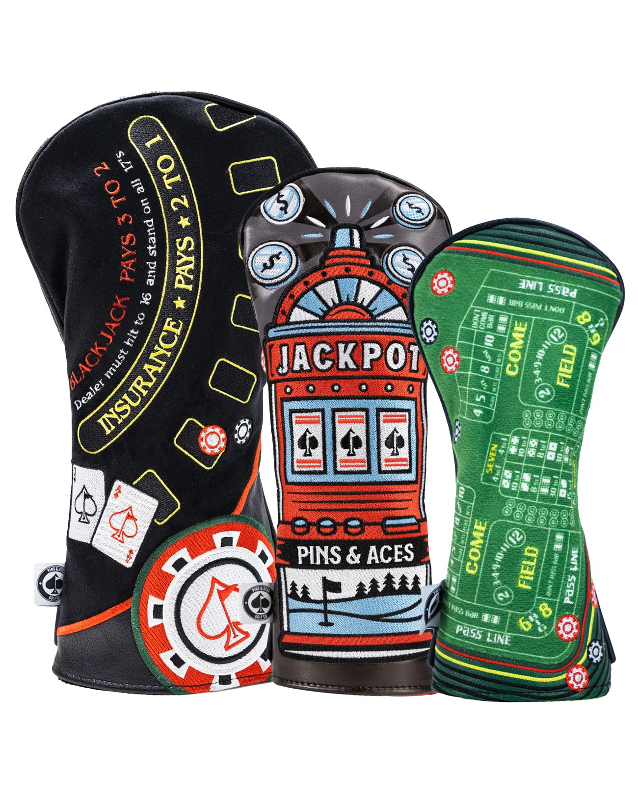 Bold casino-themed headcover set featuring designs inspired by blackjack, slot machines, and roulette for standout golf style.