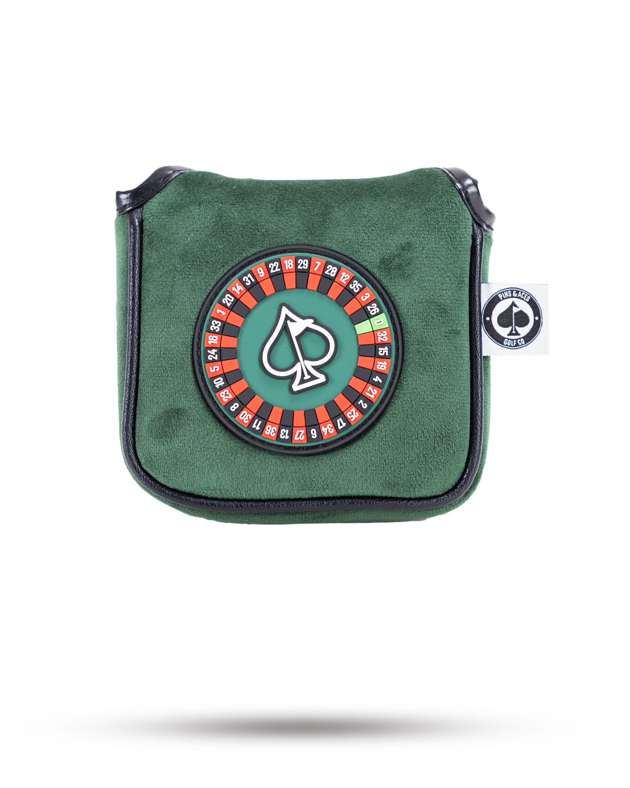 "Roulette-themed mallet putter cover with casino design, featuring a colorful roulette wheel and vibrant detailing."