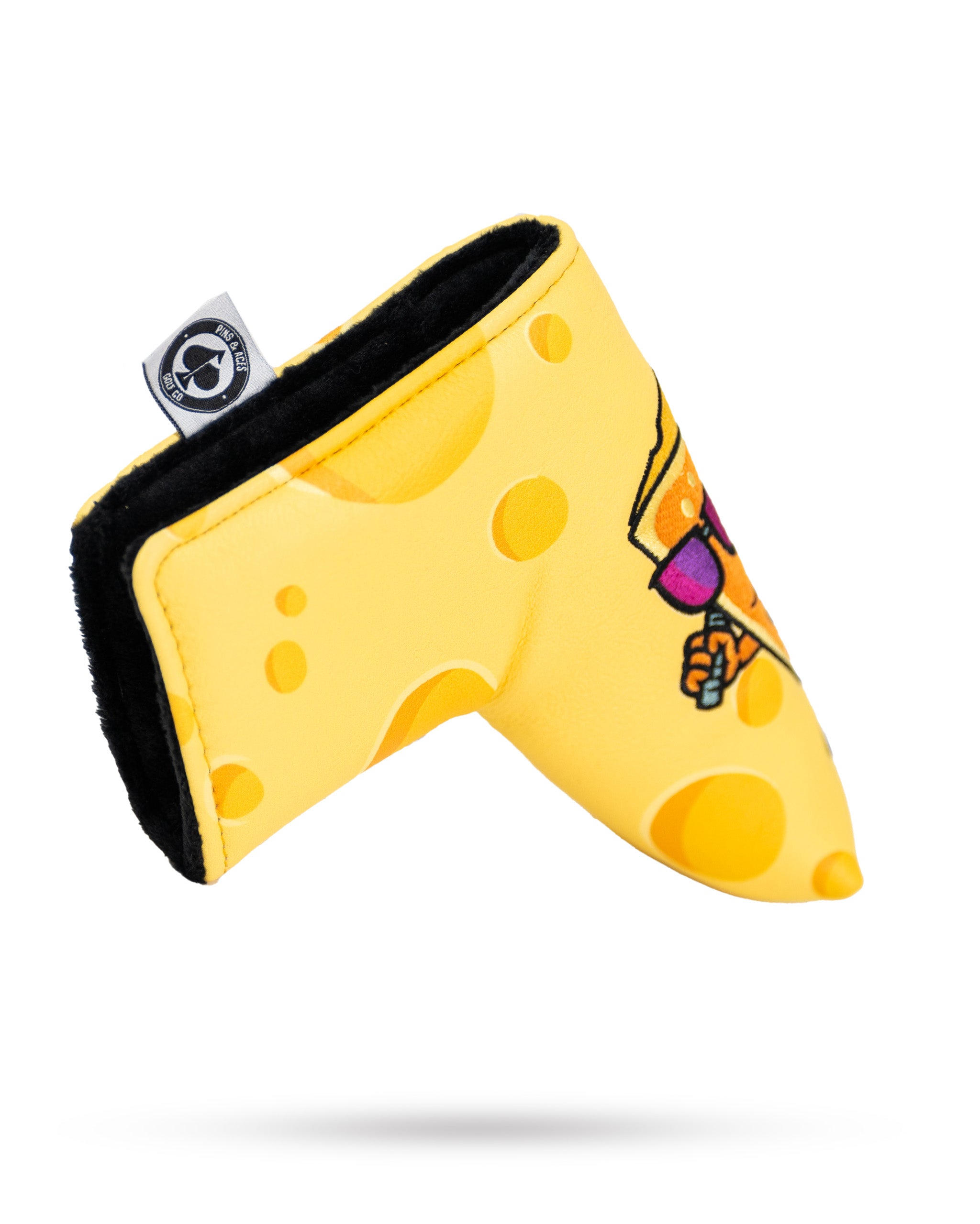 Alt text: The Big Cheese Blade Putter Cover featuring a whimsical cheese design, designed to fit blade putters, with vibrant colors and high-quality material.